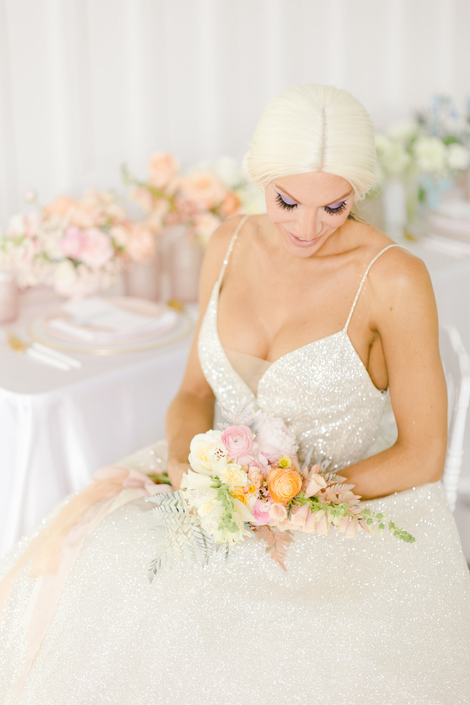 Bride wearing Monique Lhuillier Sparkle wedding dress.