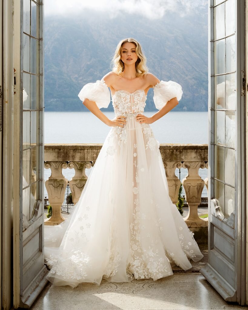 Model wearing Berta Como Collection wedding dress.