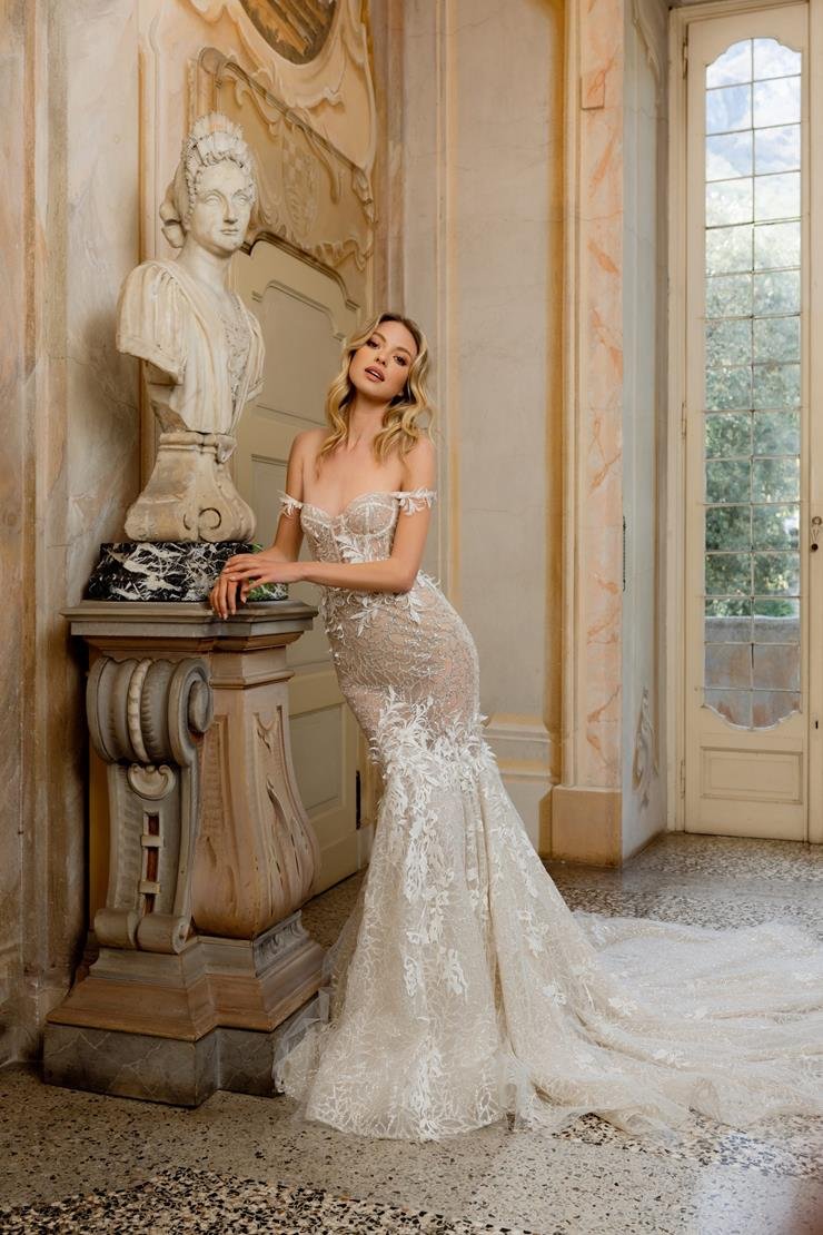 woman wearing Berta 22-16 fitted off the shoulder wedding dress