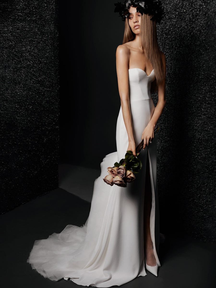 woman wearing Vera Wang Bride Babette strapless wedding dress