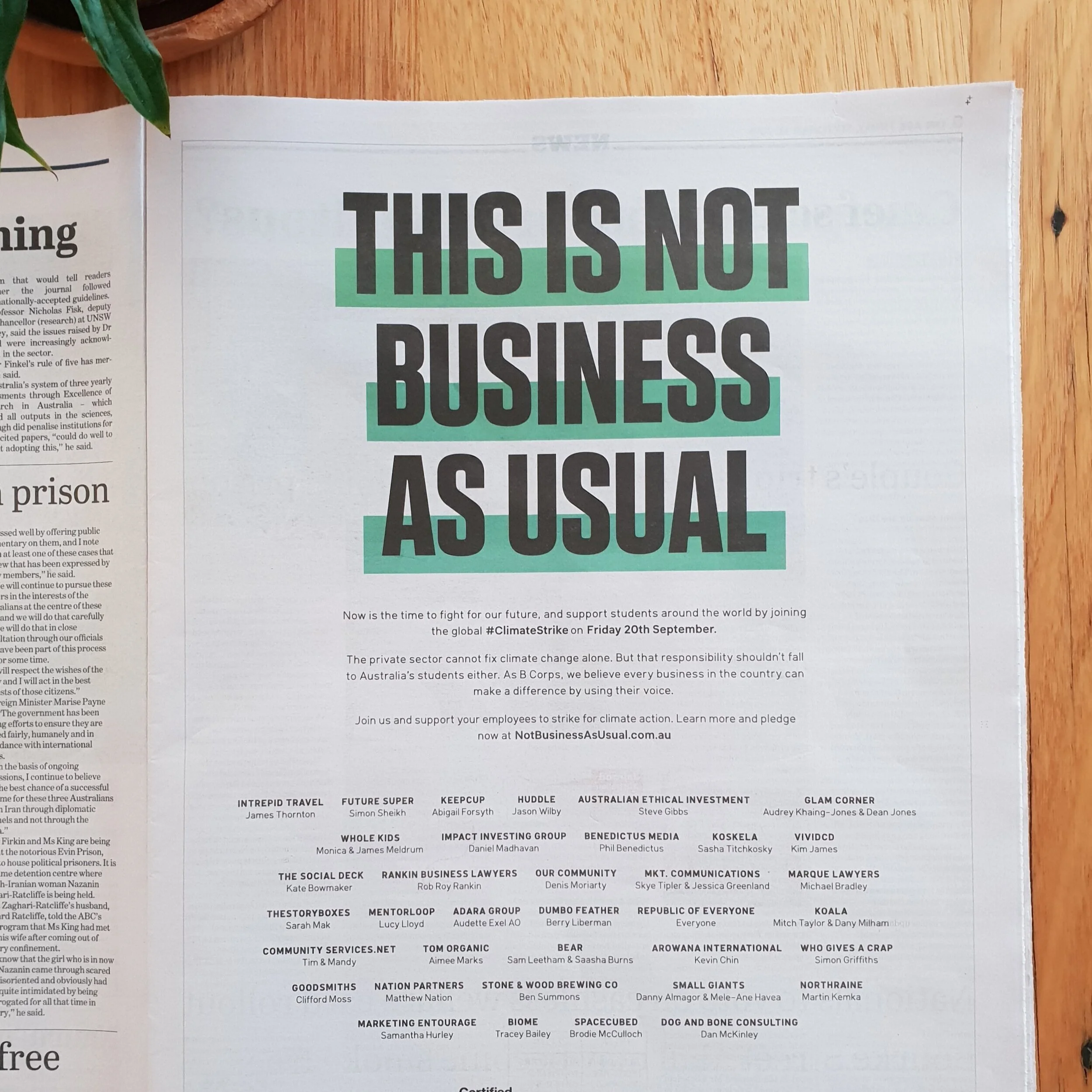Proud to have been one of the 36 B Corps that sponsored this ad in four major news publications in support of the climate strike.