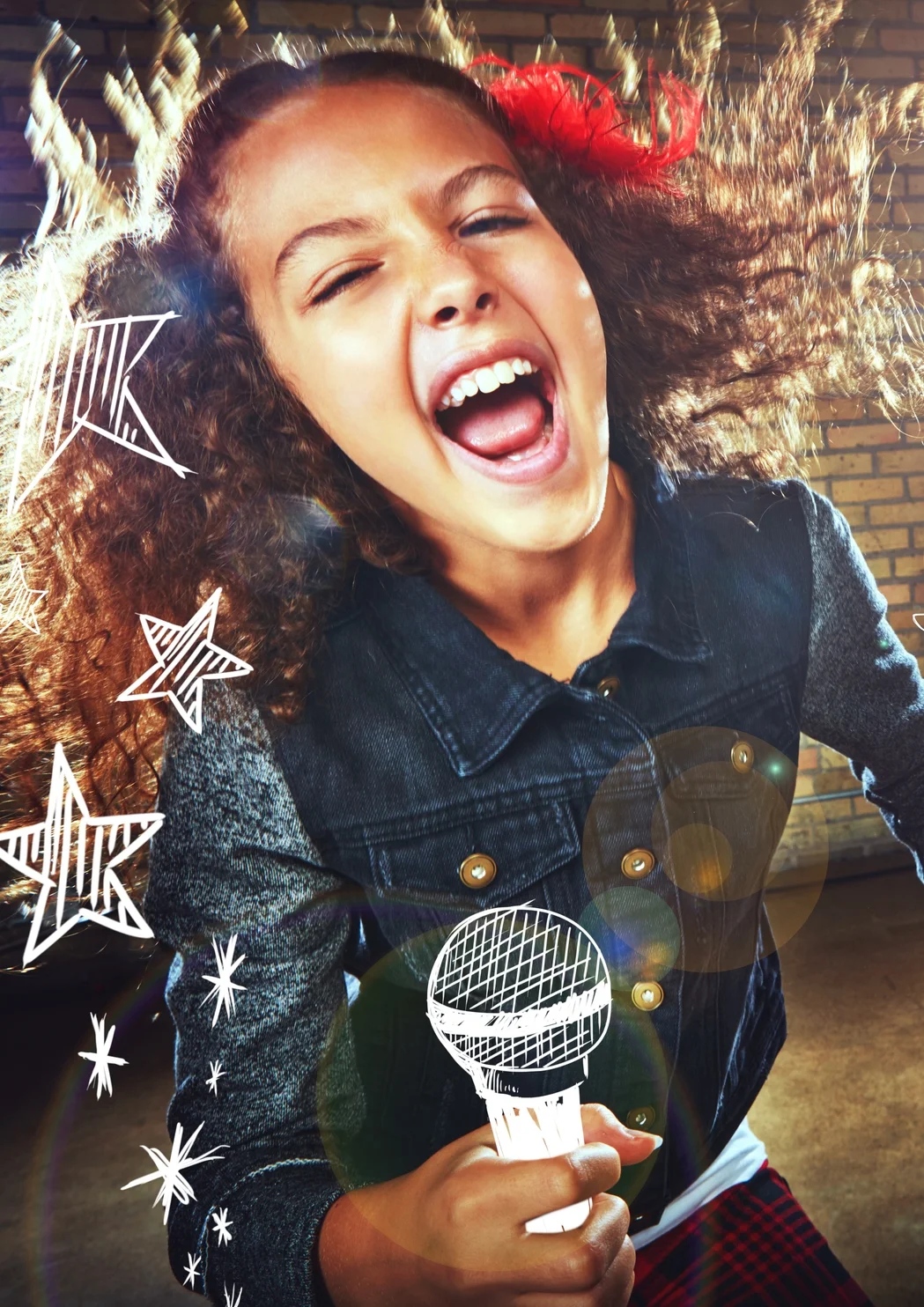 A young girl, excitedly singing into a paper microphone with drawn stars and microphone.
