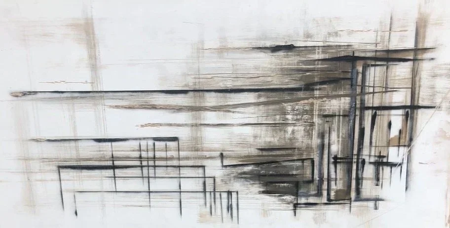   Glass House,  2019  Acrylic on wood panel  48 × 96 in  Commissioned work - Private collection 