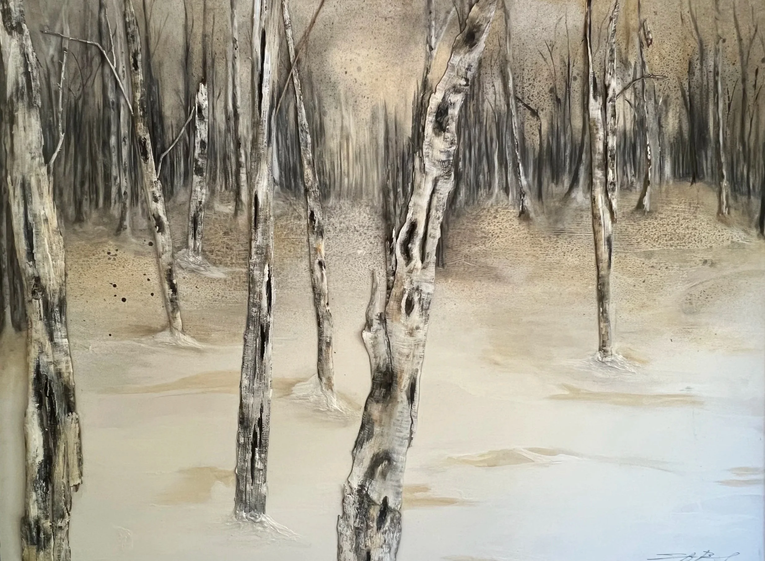   Solitude,  2025  Acrylic, bark, wood, silicone on canvas   48 × 60 in  Commissioned work - Private collection 