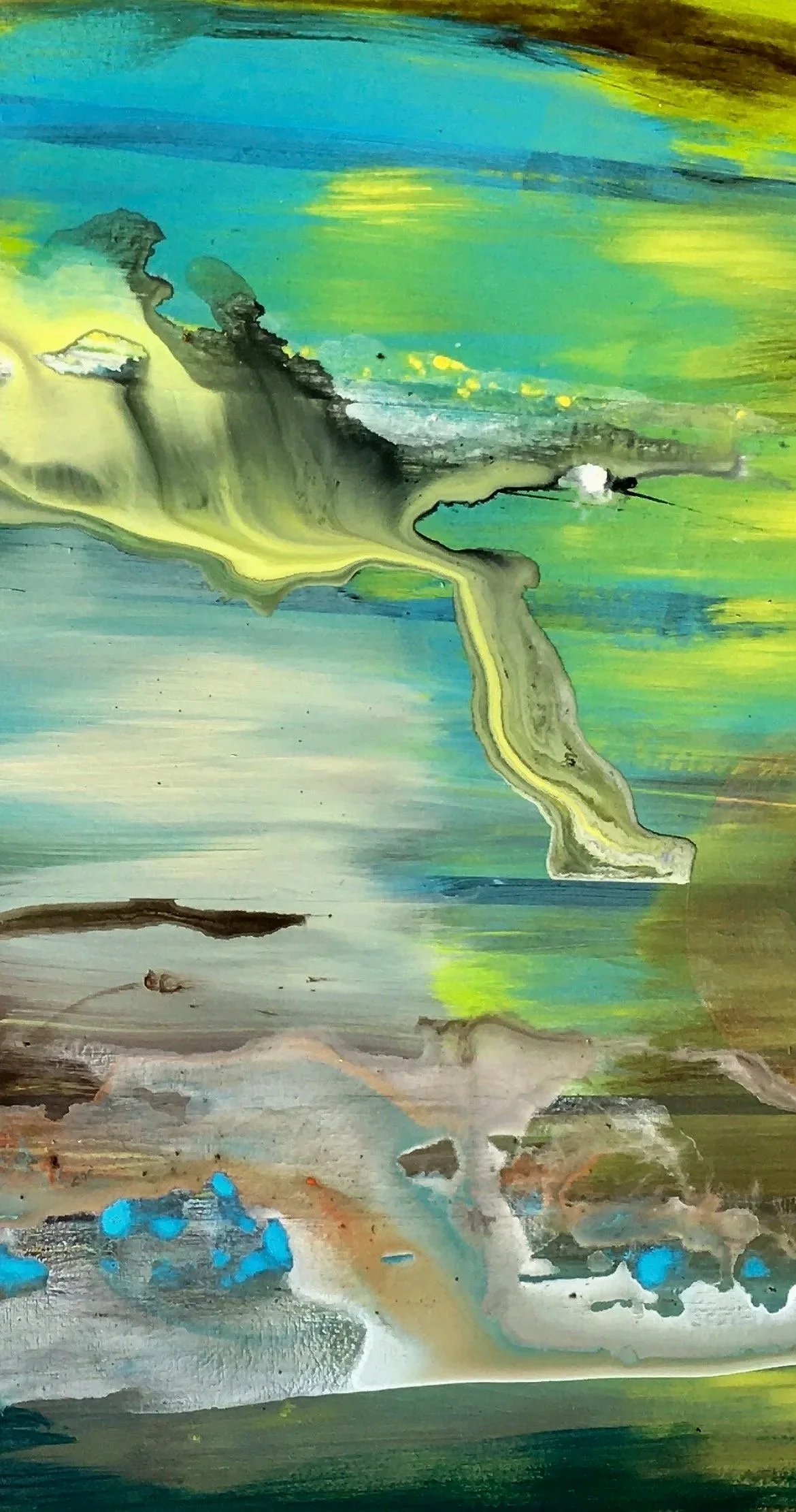   Melted,  2016   Acrylic, oil, stain, resin on wood panel  24 × 36 in  Commissioned work - Private collection 