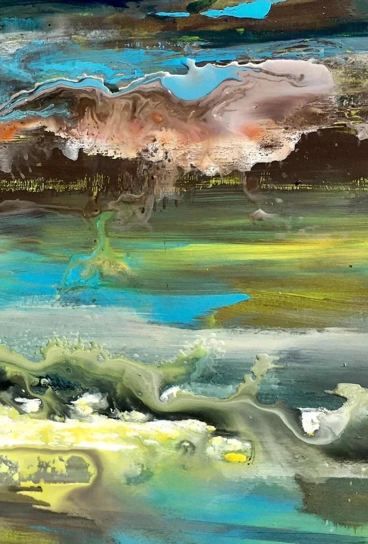   Into The Blue,  2016   Acrylic, oil, stain, resin on wood panel  35 × 48 in  Commissioned work - Private collection 