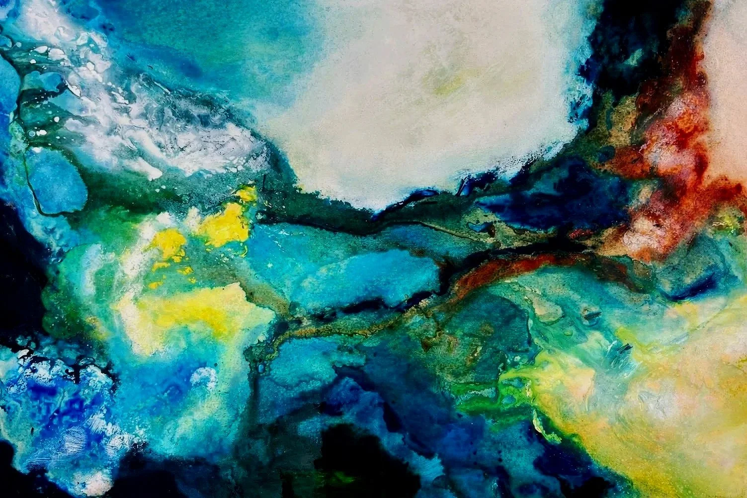   From Underneath,  2016  Acrylic, oil, stain, resin on wood panel  36 × 48 in  Private Collection 