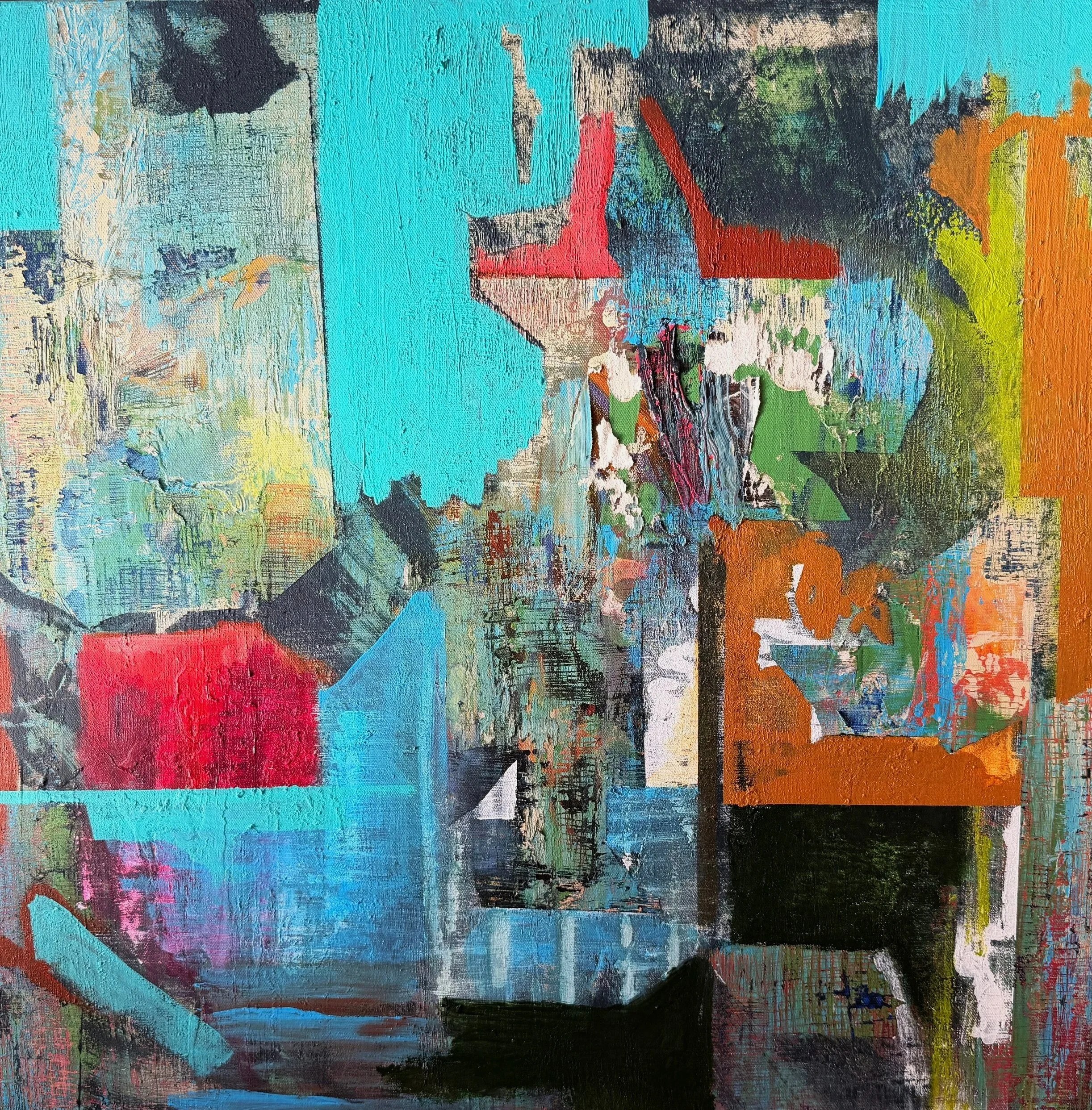   Untitled,  2026  Acrylic, paper, oil on canvas  24 × 24 in  Available 