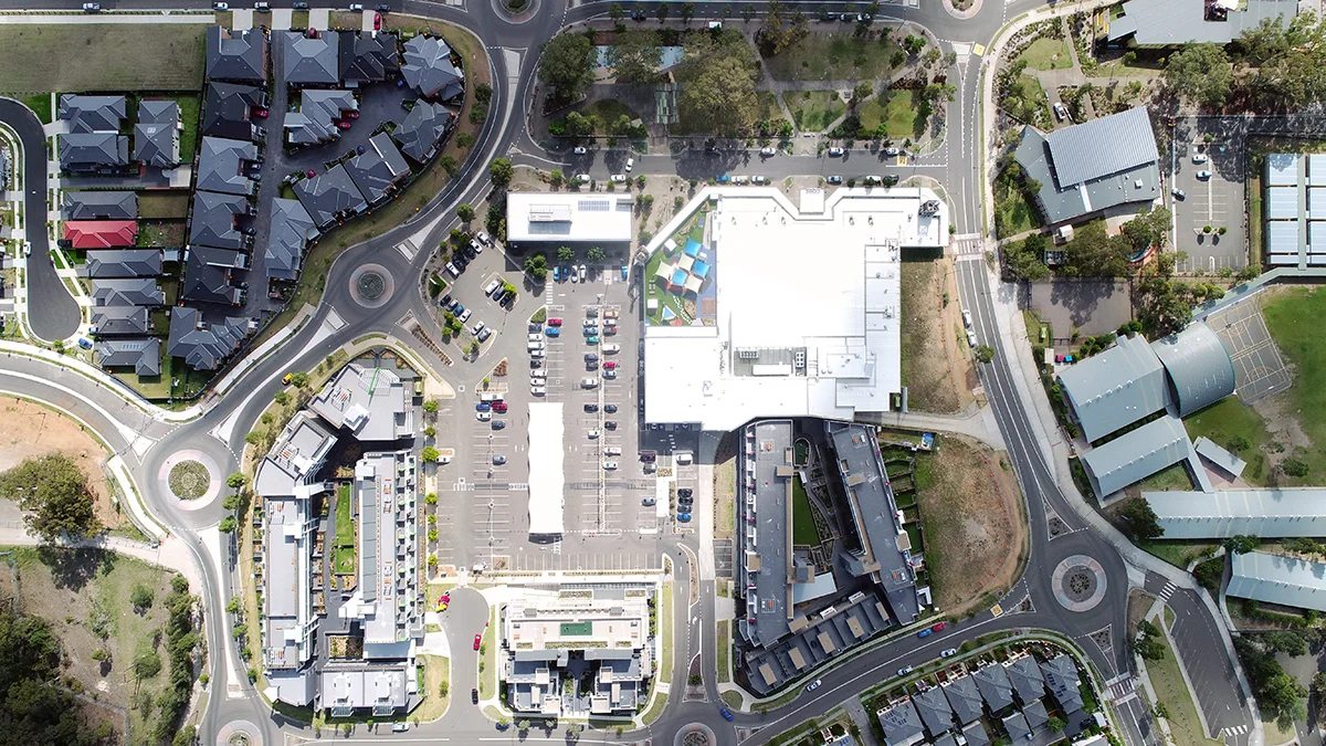 Aerial view of Ropes Crossing Village: BEFORE