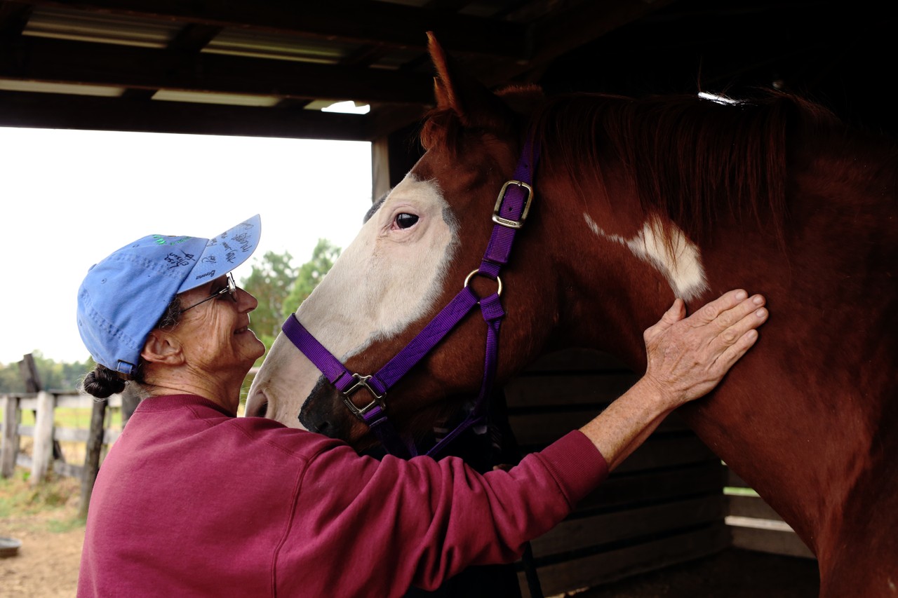 Bambi gives a reassuring pat to a horse suffering from pink eye. "They told me that grief is different for everybody," she says. "It's not going to affect you the way it does other people, but you'll know when you are going through the different phases of grief. The horses kept me focused and anchored."