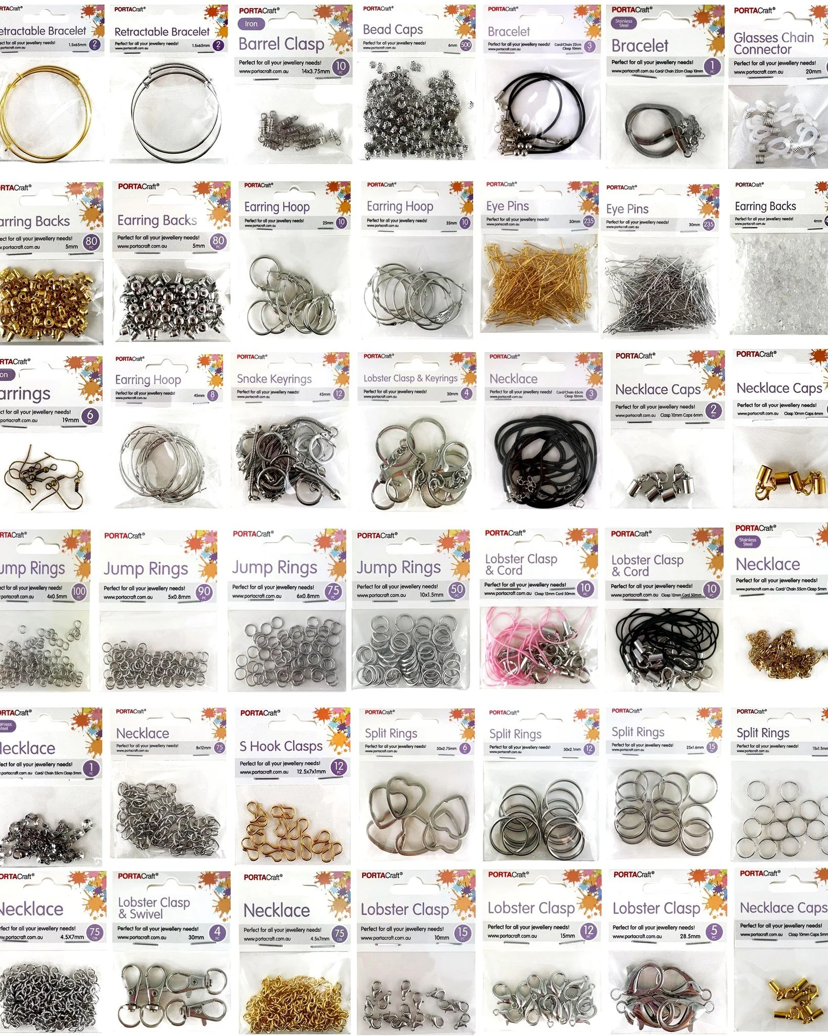 You won't find a bigger range of jewellery bits anywhere else - from bracelet clasps, earring backs and lobster clasp and cord, we've got it all. Only at Porta Craft.