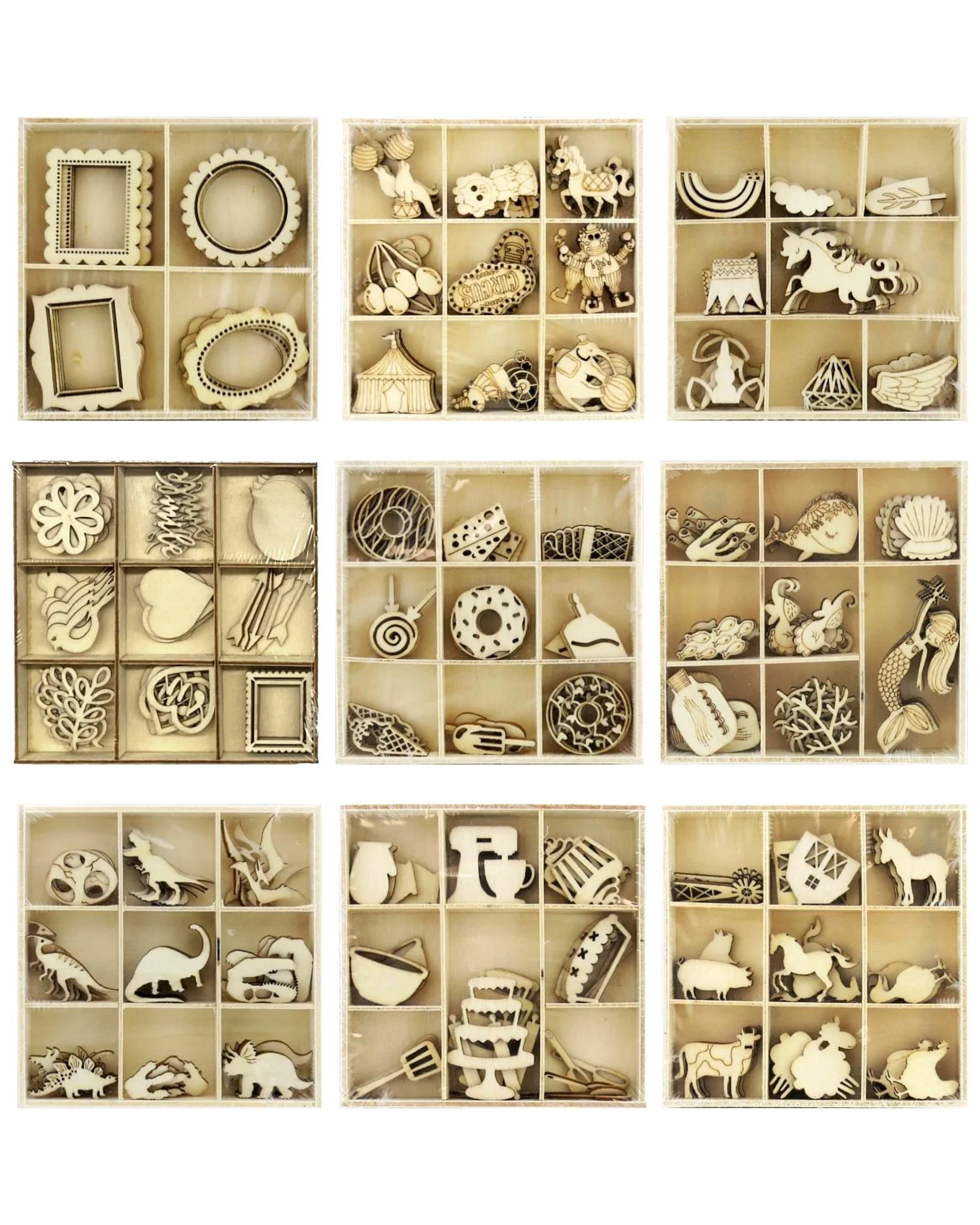 Intricate miniature laser-cut shapes in a natural wood finish. Perfect for scrapbooking, card-making and DIY projects. Just some of the huge range of wooden craft available😊