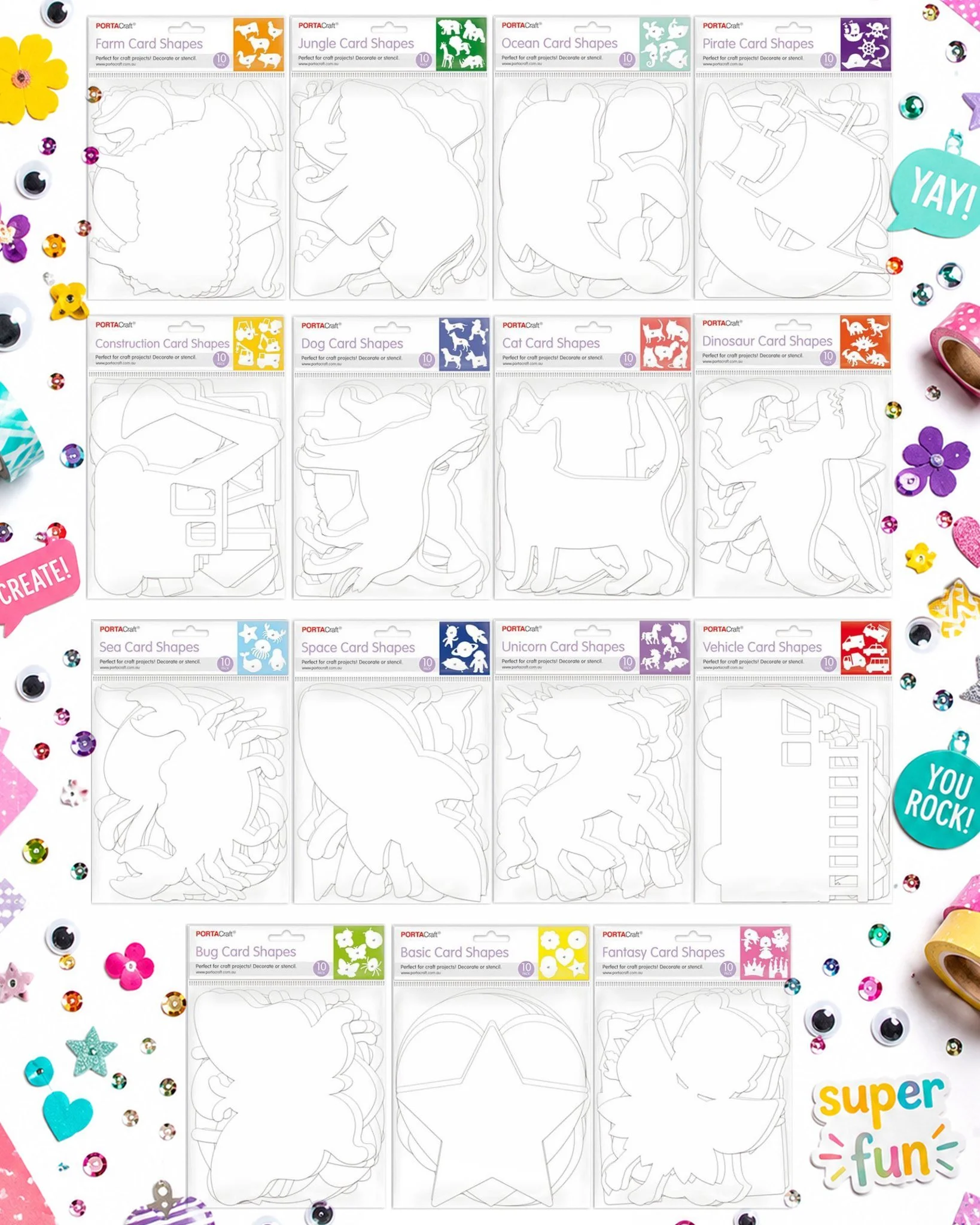 CARD SHAPES
🎨✨ Get Creative with Porta Craft Card Shapes! ✨🎨
Turn these fun card cutout shapes into amazing creations using your imagination! 🌈
Colour them, paint them, decorate them with glitter, sequins, googly eyes, stickers, pom poms and more!