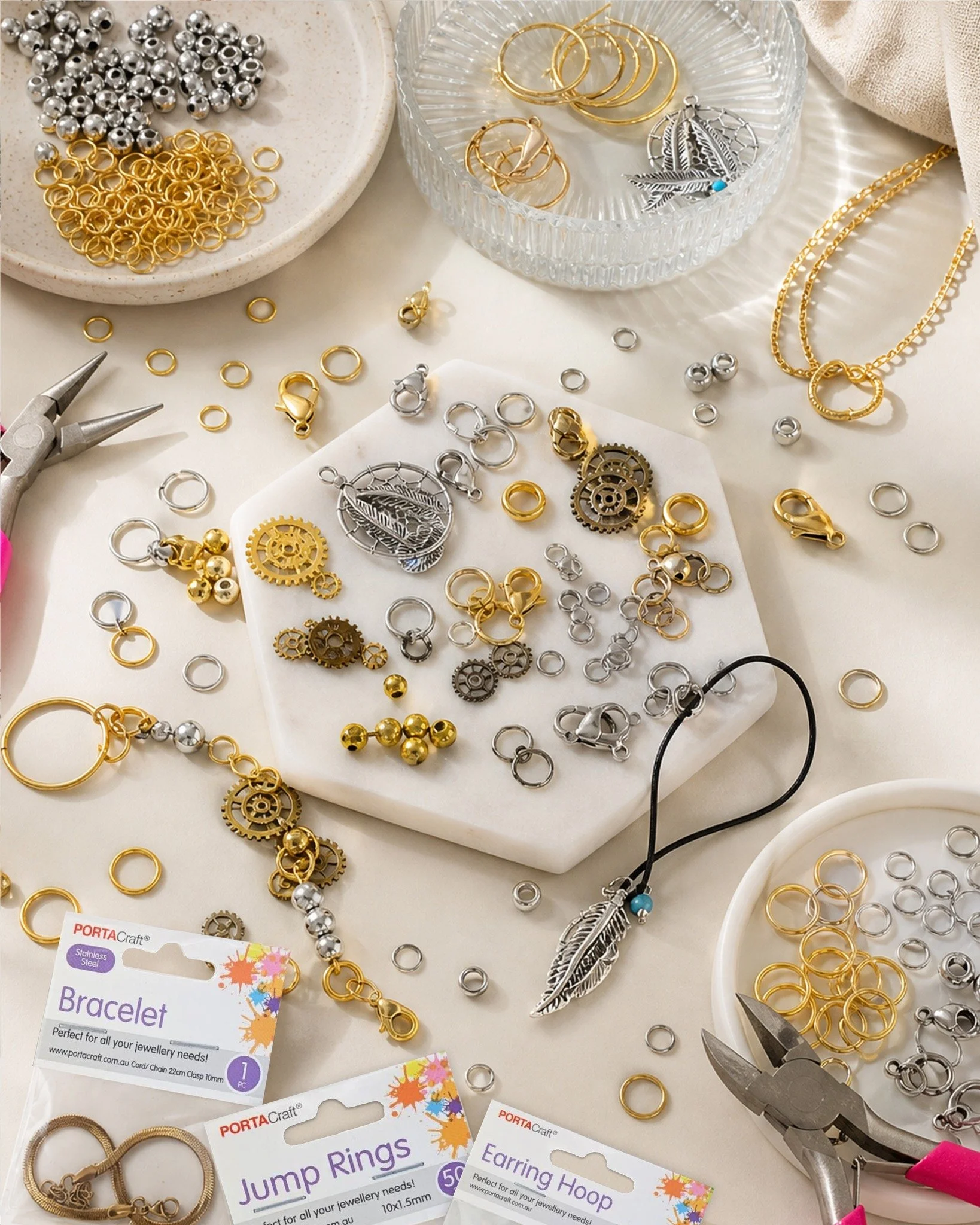 ✨ Create. Design. Shine. ✨

Turn your creative ideas into beautiful handmade jewellery, keyrings, bag charms, and more with Porta Craft's Jewellery Making Accessories! 💍🔑✨

From jump rings, earring hoops, clasps, beads, keyrings, charms, and essent
