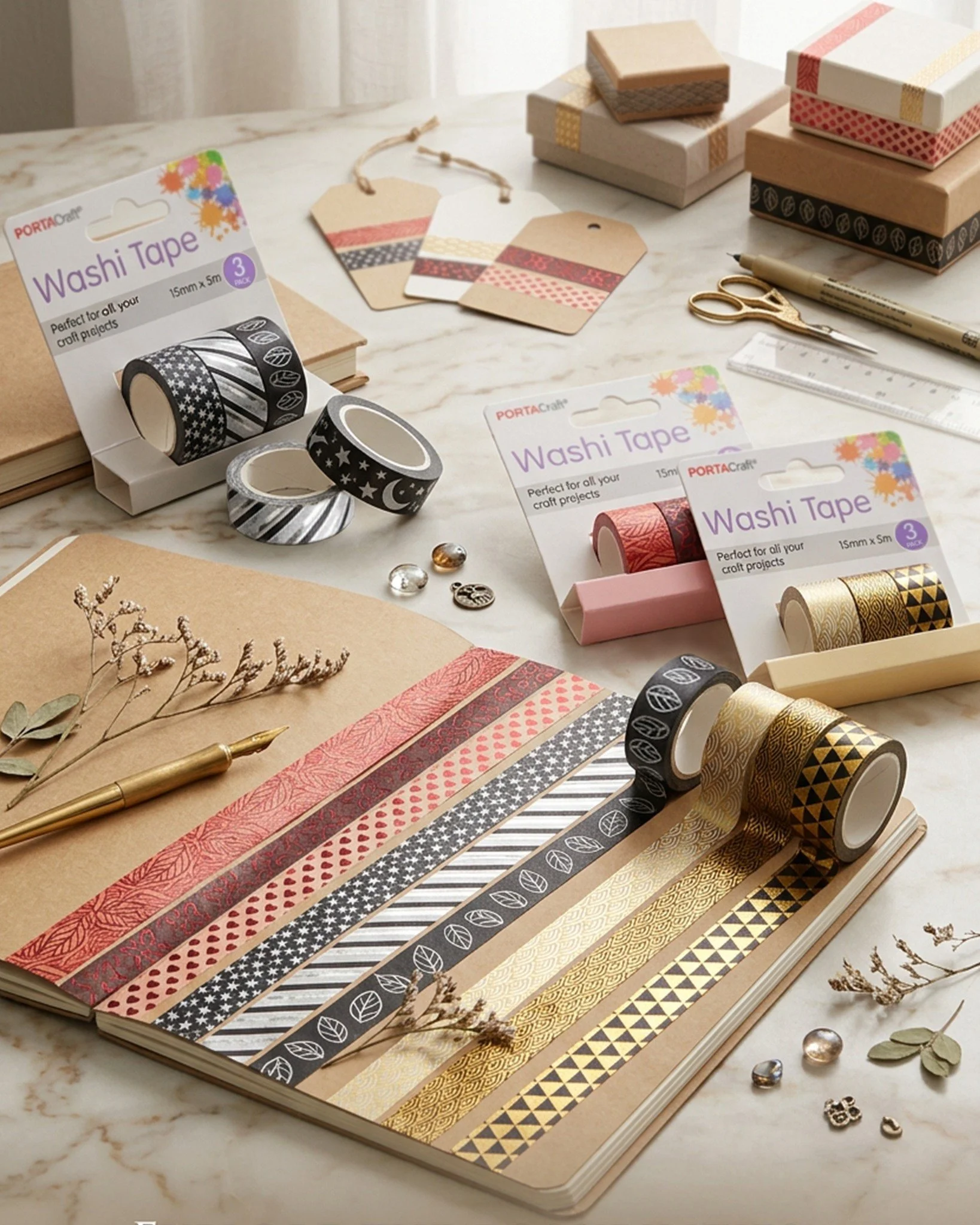 ✨ Add a Little Washi Magic to Your Crafts! ✨
Get creative with Porta Craft Washi Tape! 🎨💖 With fun patterns and colours, it&rsquo;s perfect for adding that extra touch to your scrapbooking, card making, gift wrapping, journaling, school projects an