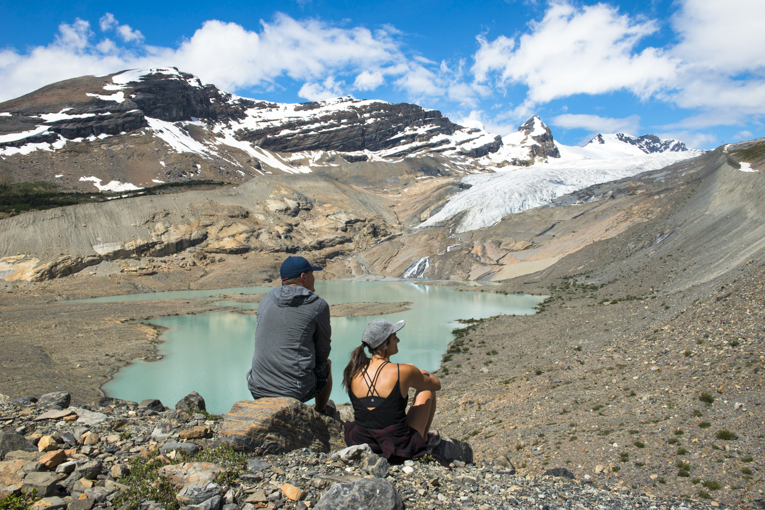 Trekkers admire Hargreaves Glacier in Mount Robson Provincial Park.