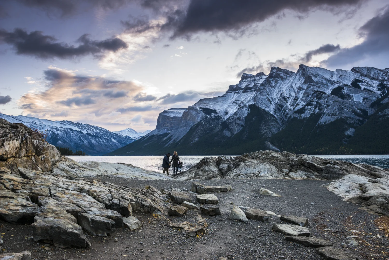 Rachel, Miraj & Charlotte's family photography session at Lake Minnewanka in Banff National Park.