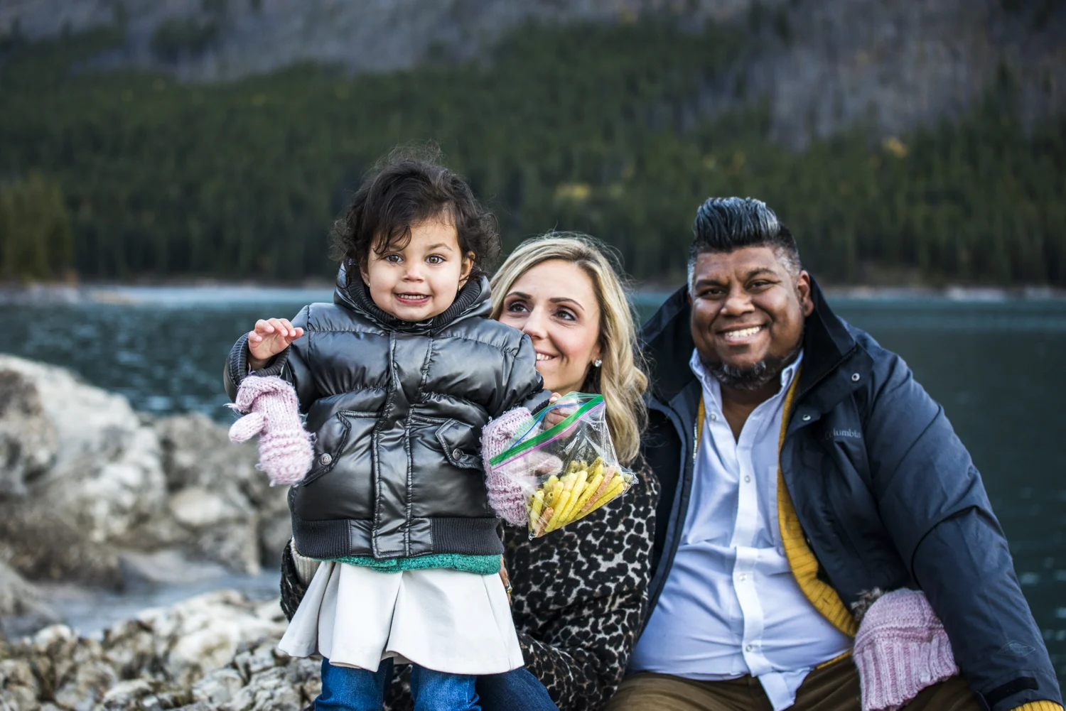 Rachel, Miraj & Charlotte's family photography session at Lake Minnewanka in Banff National Park.