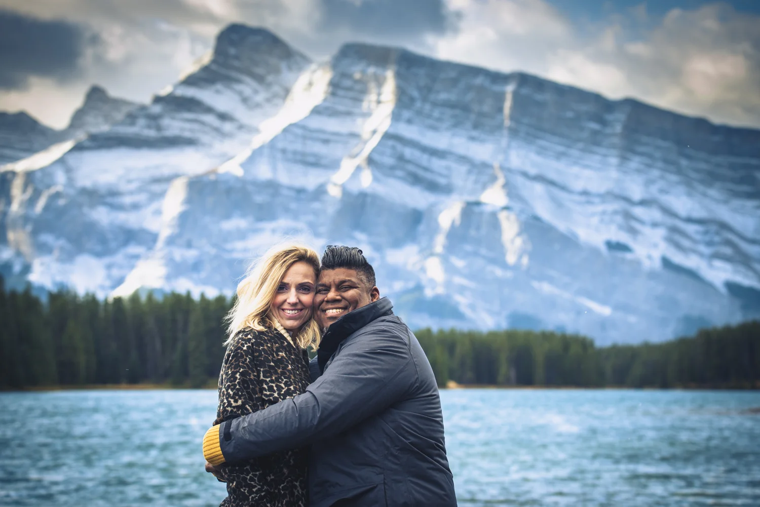 Rachel, Miraj & Charlotte's family photography session at Lake Minnewanka in Banff National Park.