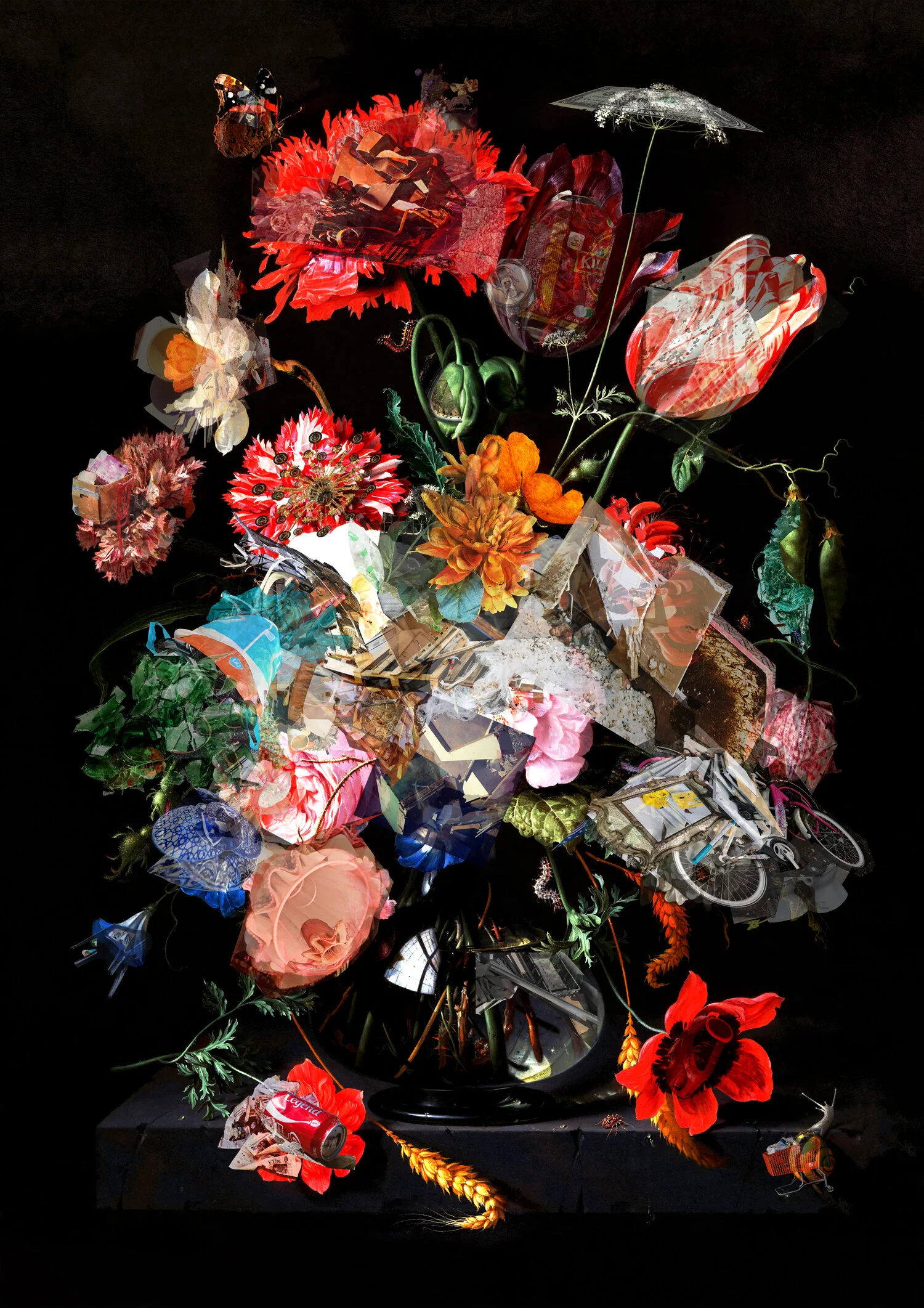 Still Life - Trash Flowers in a glass vase