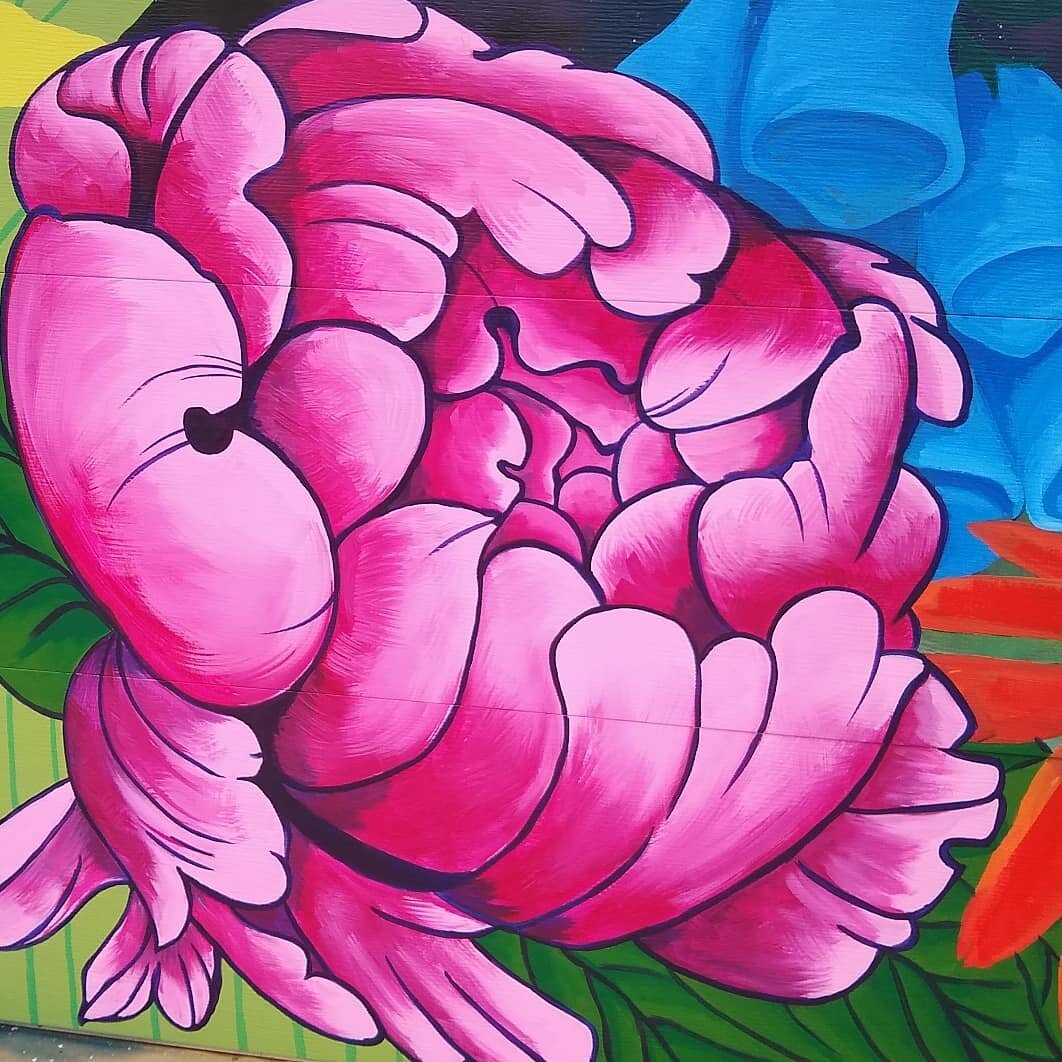 Colorful Floral Garden Garage Mural: Peony detail.