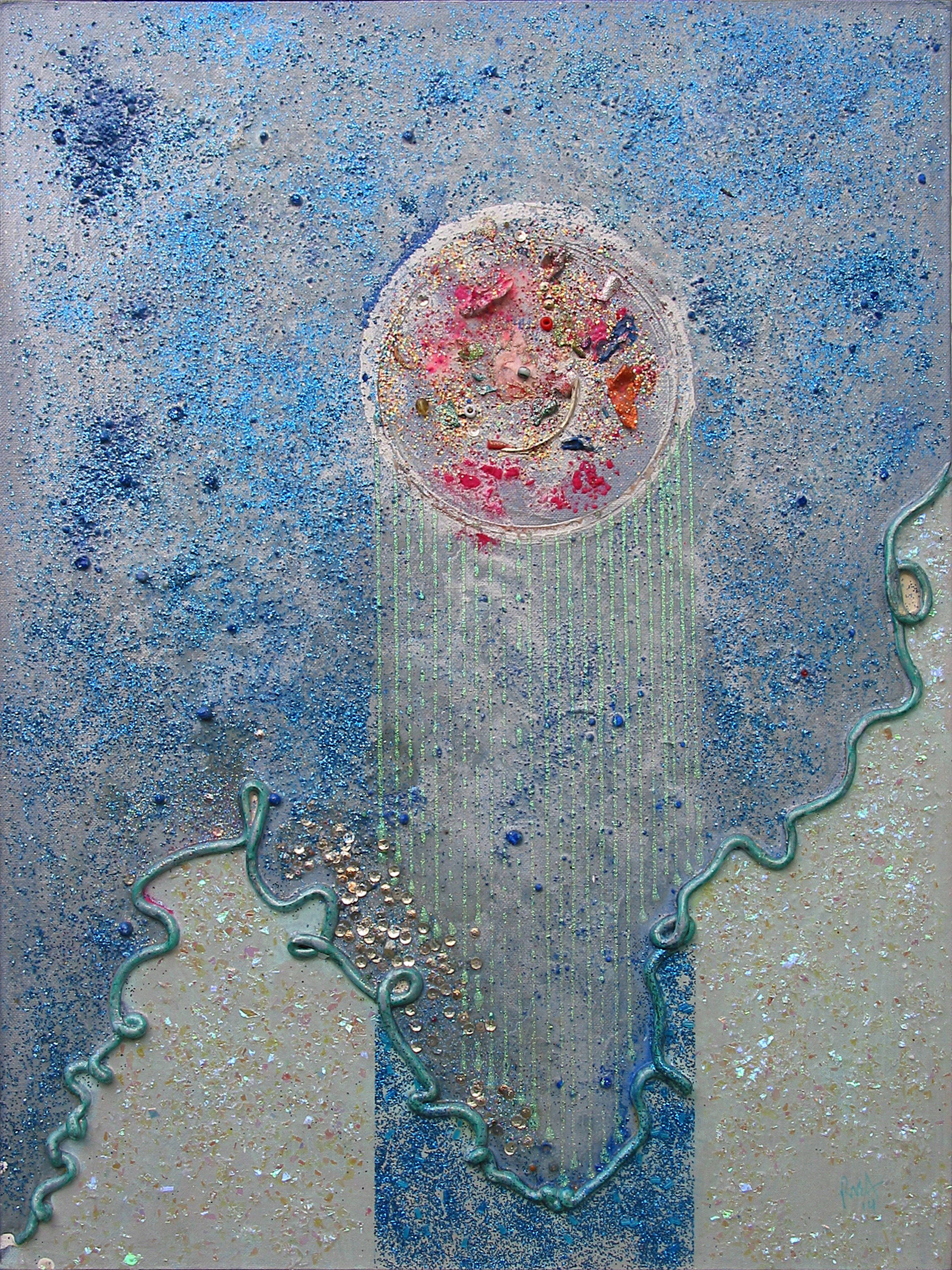Mystic Landscape and the Immediate Excitement of Starshine, 24" x 18", acrylic and glitter on canvas panel, 2014