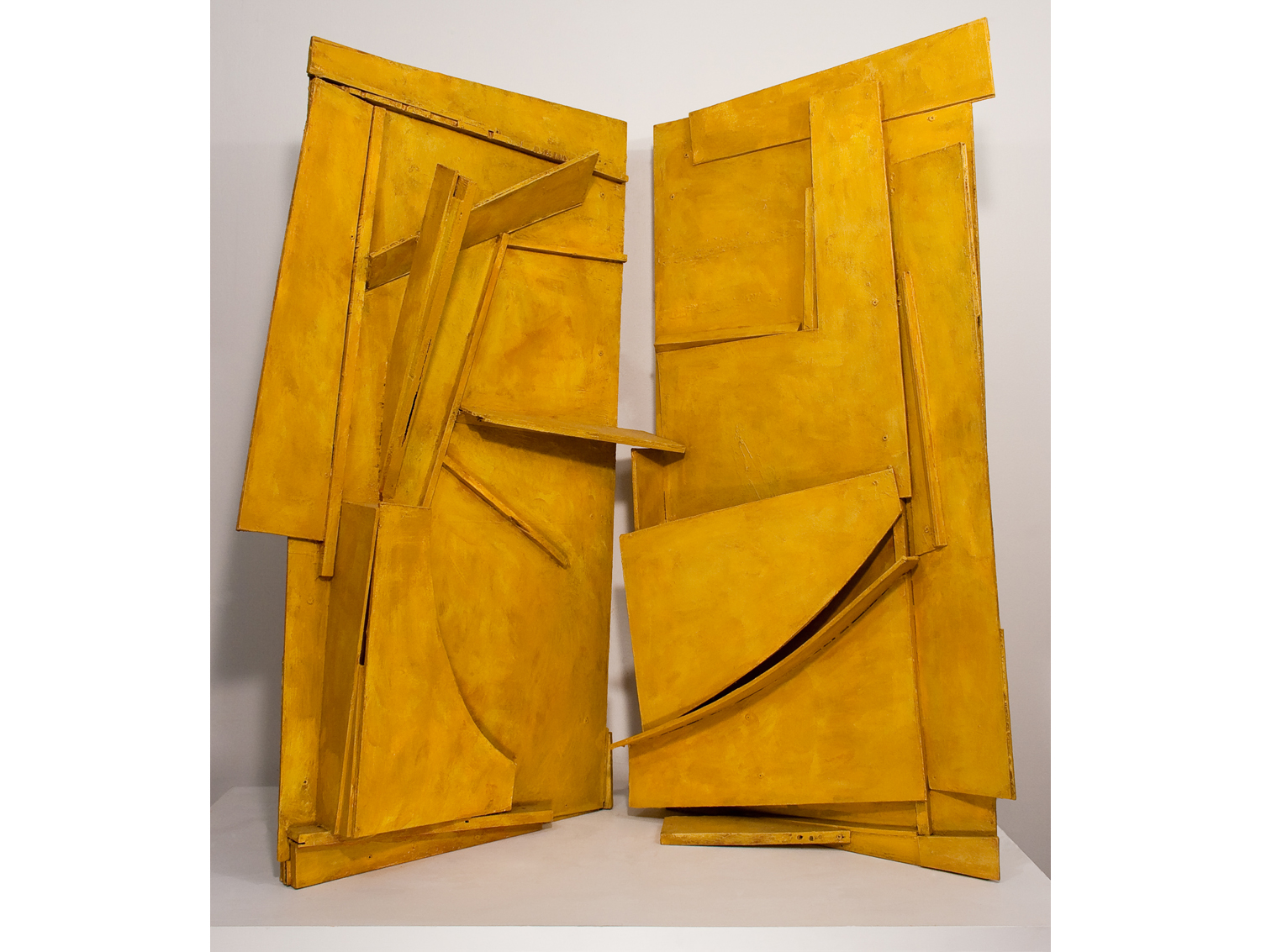 Duet, found wood, acrylic, cement, ochre, 50" x 64" x 42", 2014