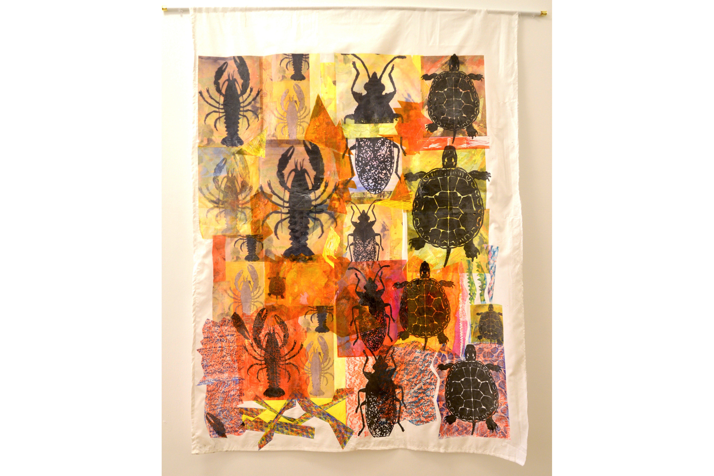 Cari Rosmarin Bug, Lobster and Turtle Mixed media on cloth 51” x 38”, 2016