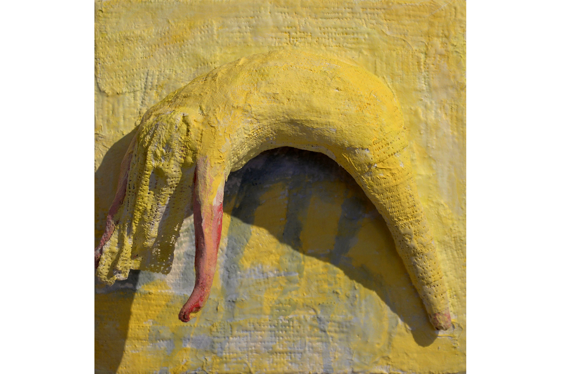 Jackie Shatz, Golden Glow, Ceramic, plaster bandages and paint on canvas, 8” x 8”, 2016