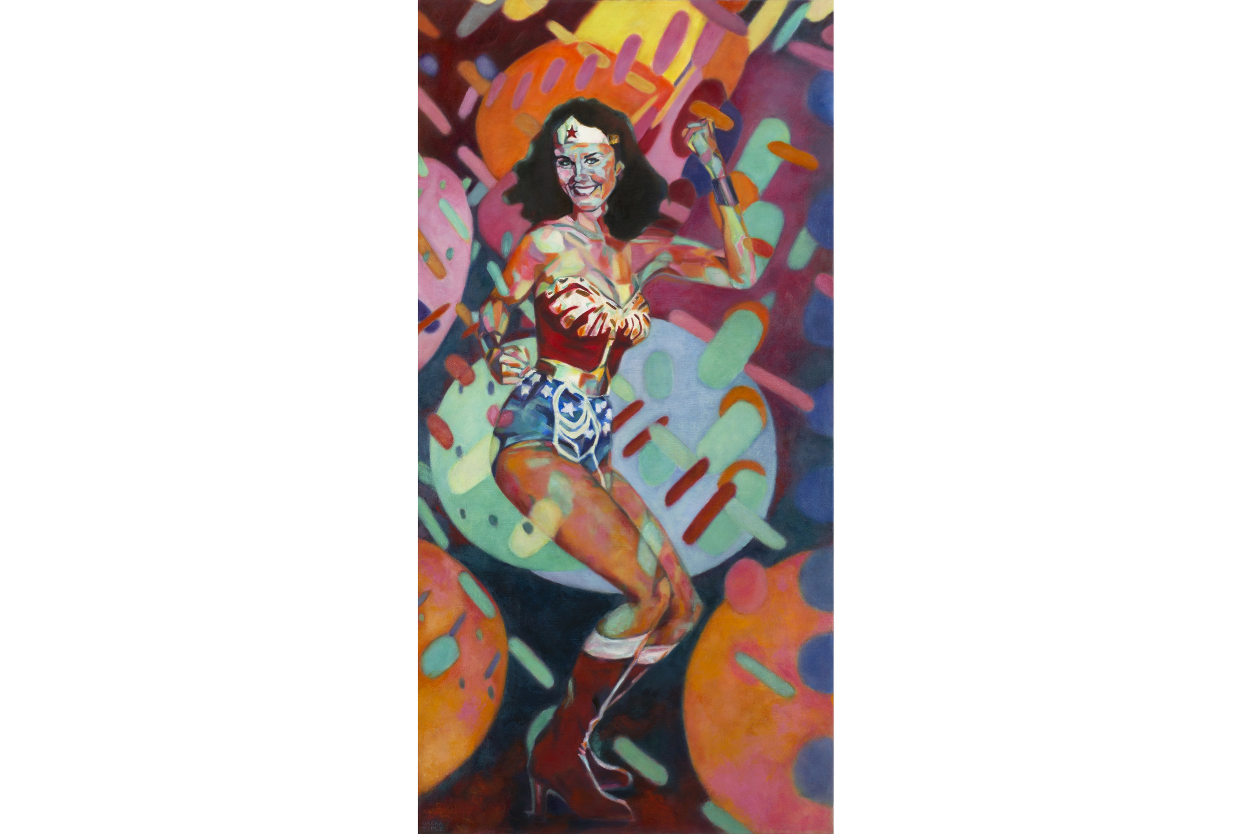 Daena Title Wonder Woman at the Disco Oil, acrylic, pastels on canvas 48” x 24”, 2016