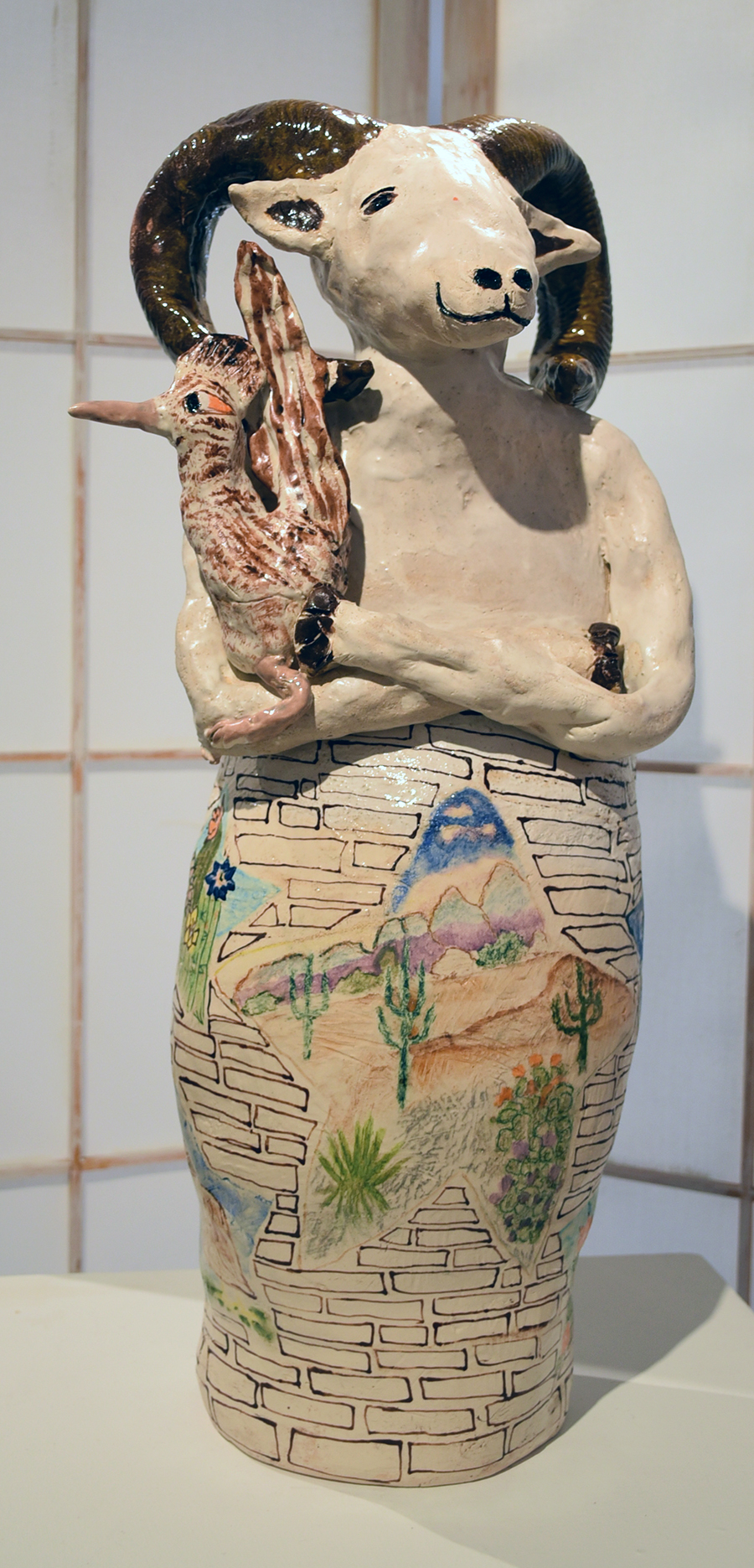 Kate Missett Big Horned Sheep and Road Runner Versus the Wall 2017-18 White Stoneware 24 x 8 x 6 inches $850, low res.jpg