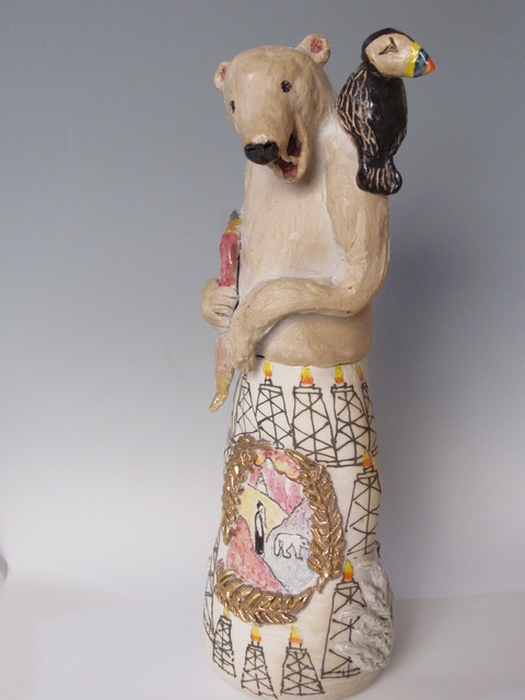 Polar Bear, Salt Fired Porcelain with lustres and underglaze, 23”High x 10”w x 7”d.jpeg