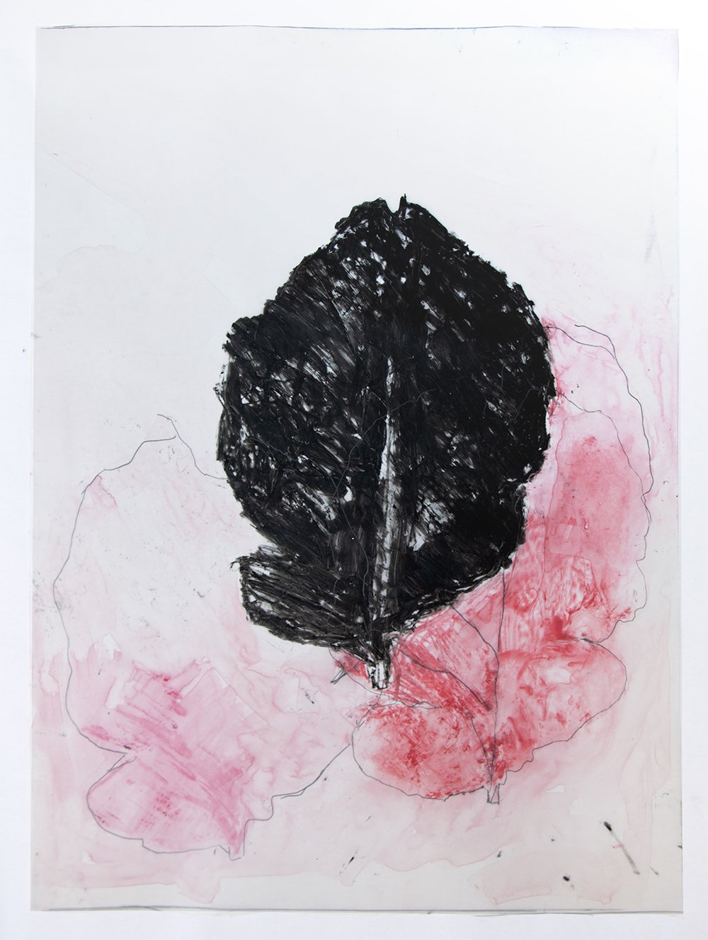   Black Leaf with Two Red Leaves , 2021 oil pastel on mylar 25.5” x 18” 