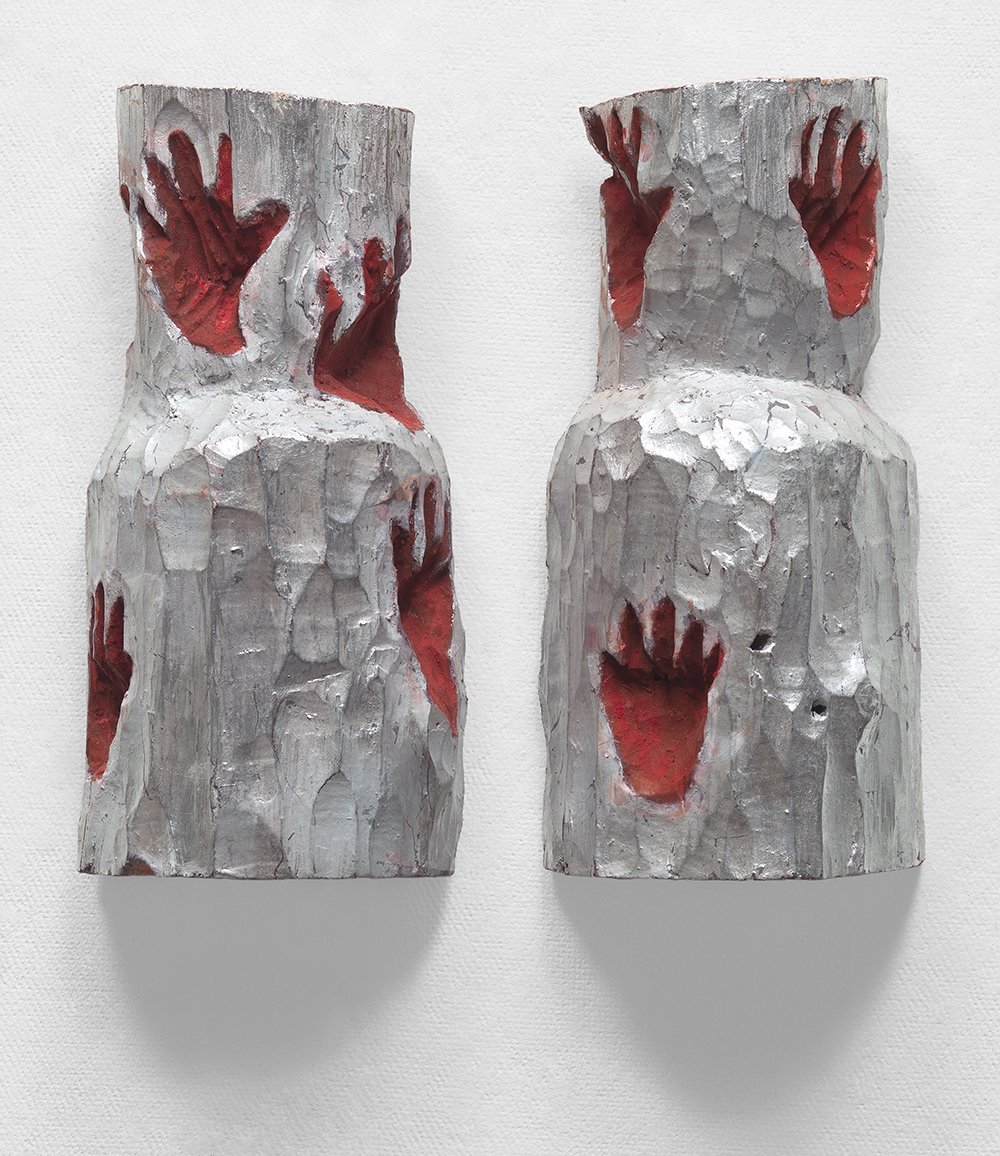   Twins,  2010 carved and painted wood with aluminum leaf 12” x 5” x 3” (each) $9,000 