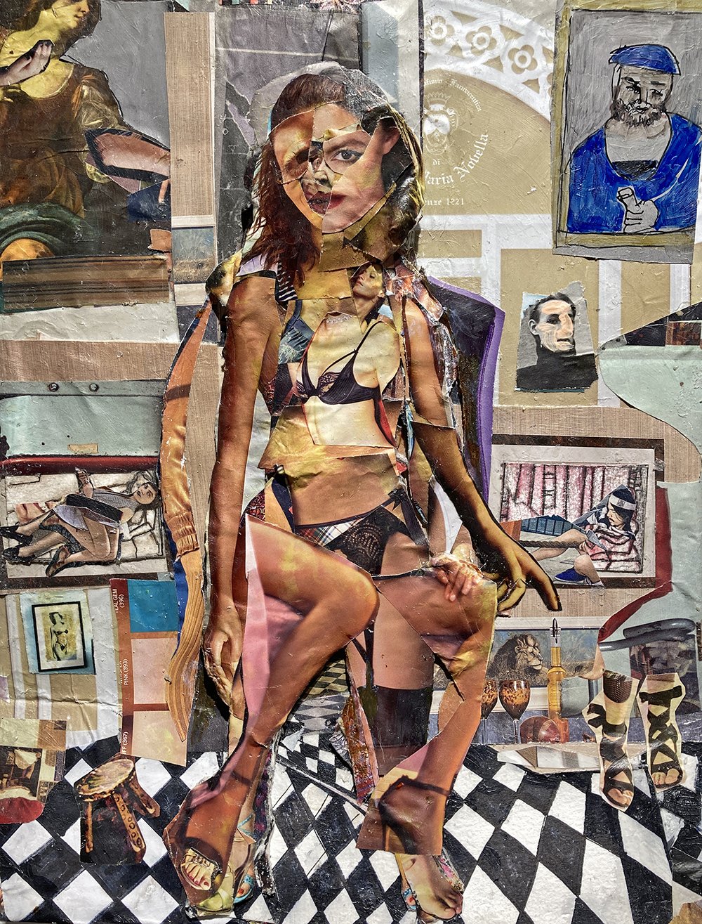 Bernice Sokol Kramer, Sitting Pretty, 2022, Collage, ink, cut and pasted printed paper on clay, 13 x 10 x 3 inches, $450.jpg