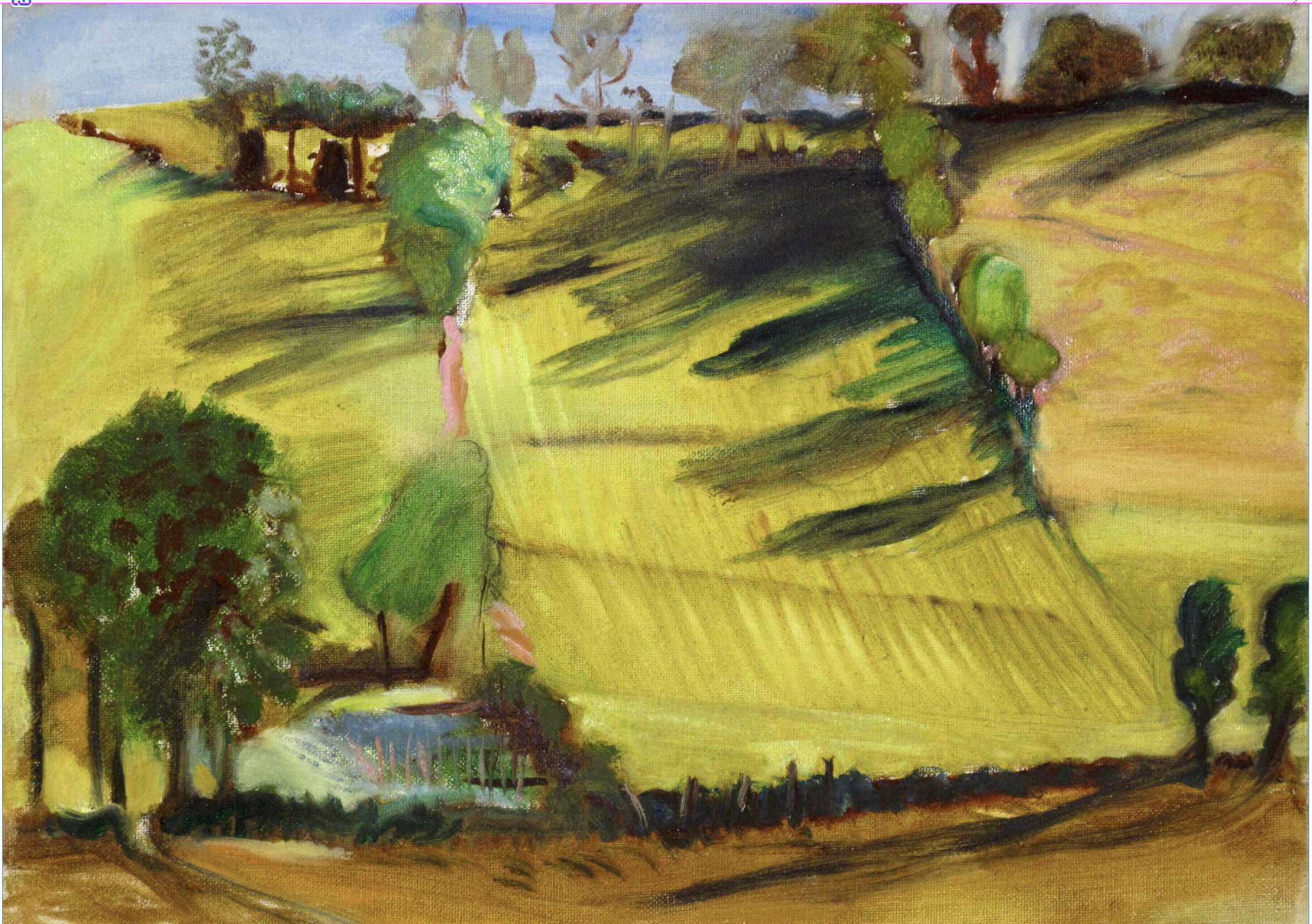 Heidi Nitze, HAYFIELD, FRANCE, oil on canvas, 10” X 14,” 1975.png