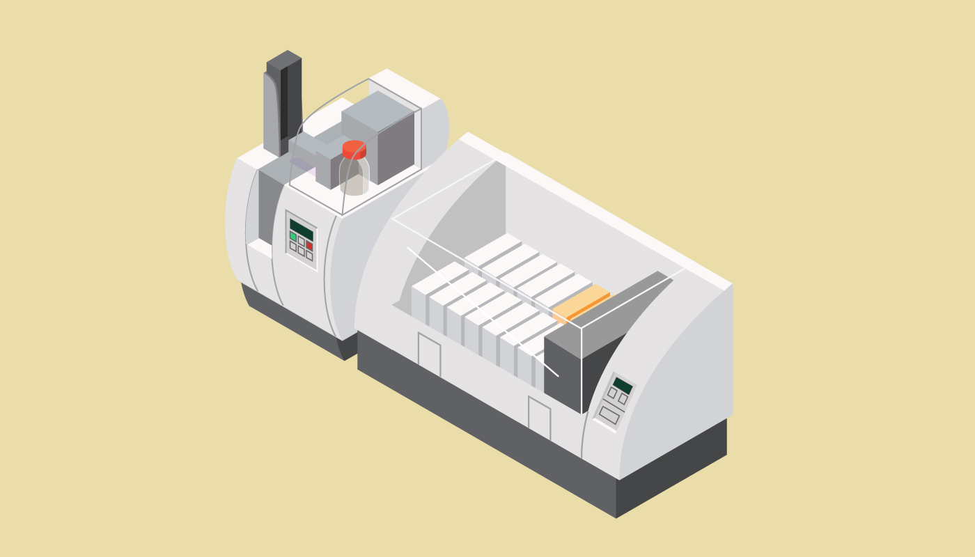Thin specimen slices are placed on a slide and put through an automatic slide coverslipper before being put through a stainer.