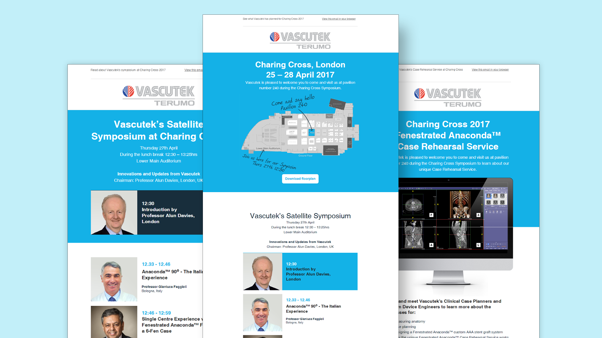 MailChimp campaigns were designed with a cohesive look and sent to Vascutek's distributors so that they can easily share with their customers to help promote the events that take place at Charing Cross as well as at Vascutek's pavilion.