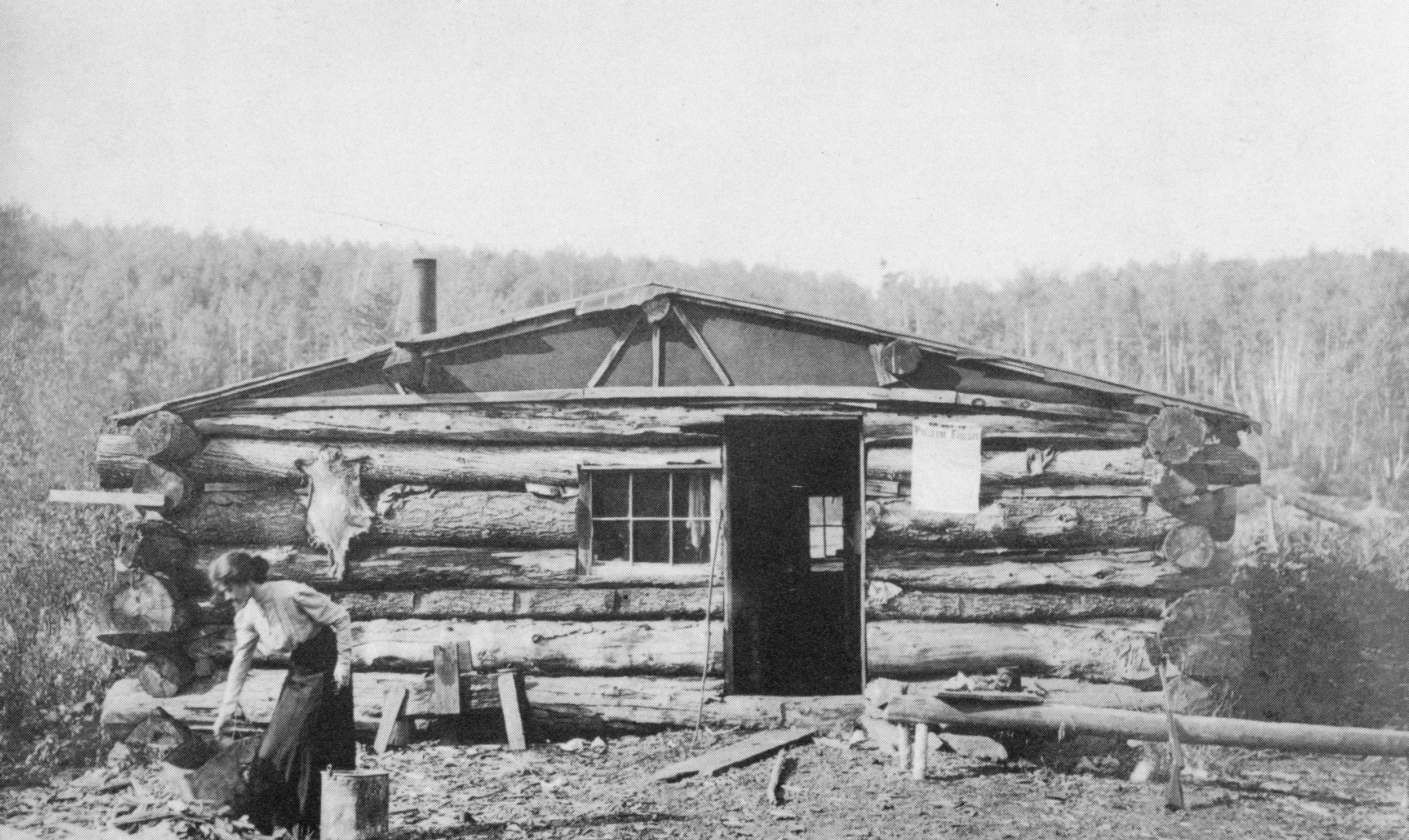 Ethel Curwood at their honeymoon cabin which they built and lived in for a year.
