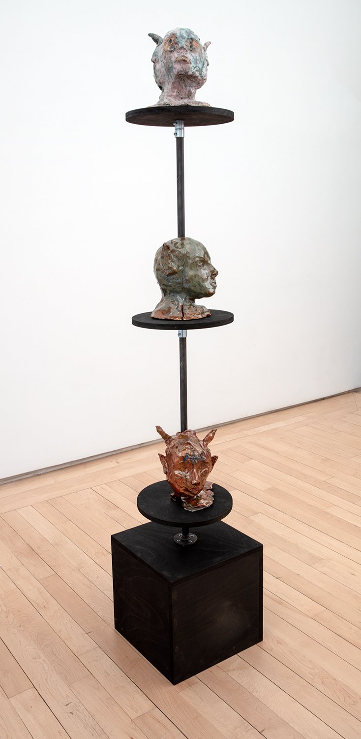  Kate Jones,  Pan Heads , 2023, Ceramic, wood, steel rod, hardware, 74 x 14 x 14 inches   