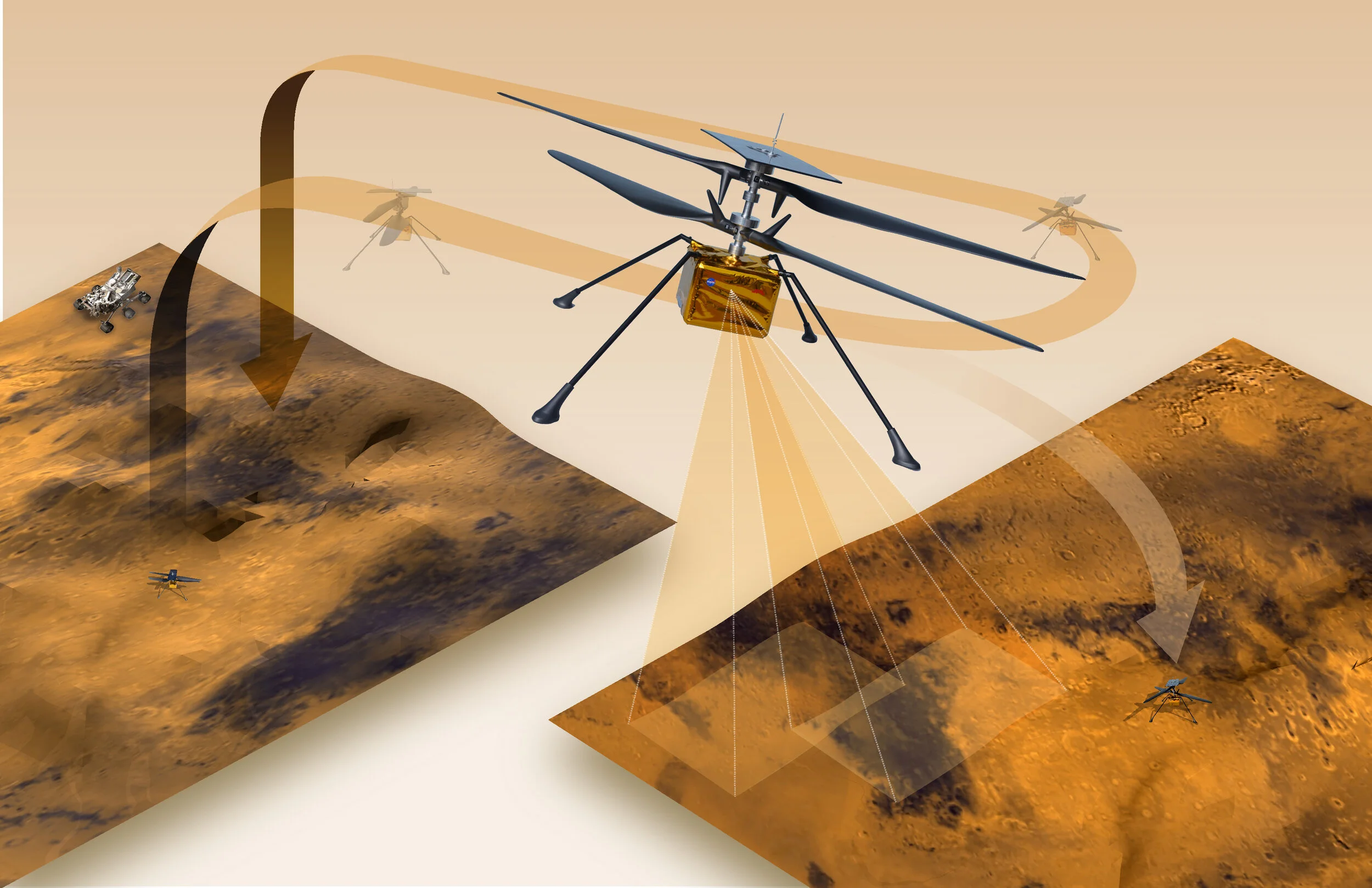 Illustration of potential path of Ingenuity - the Mars Helicopter.