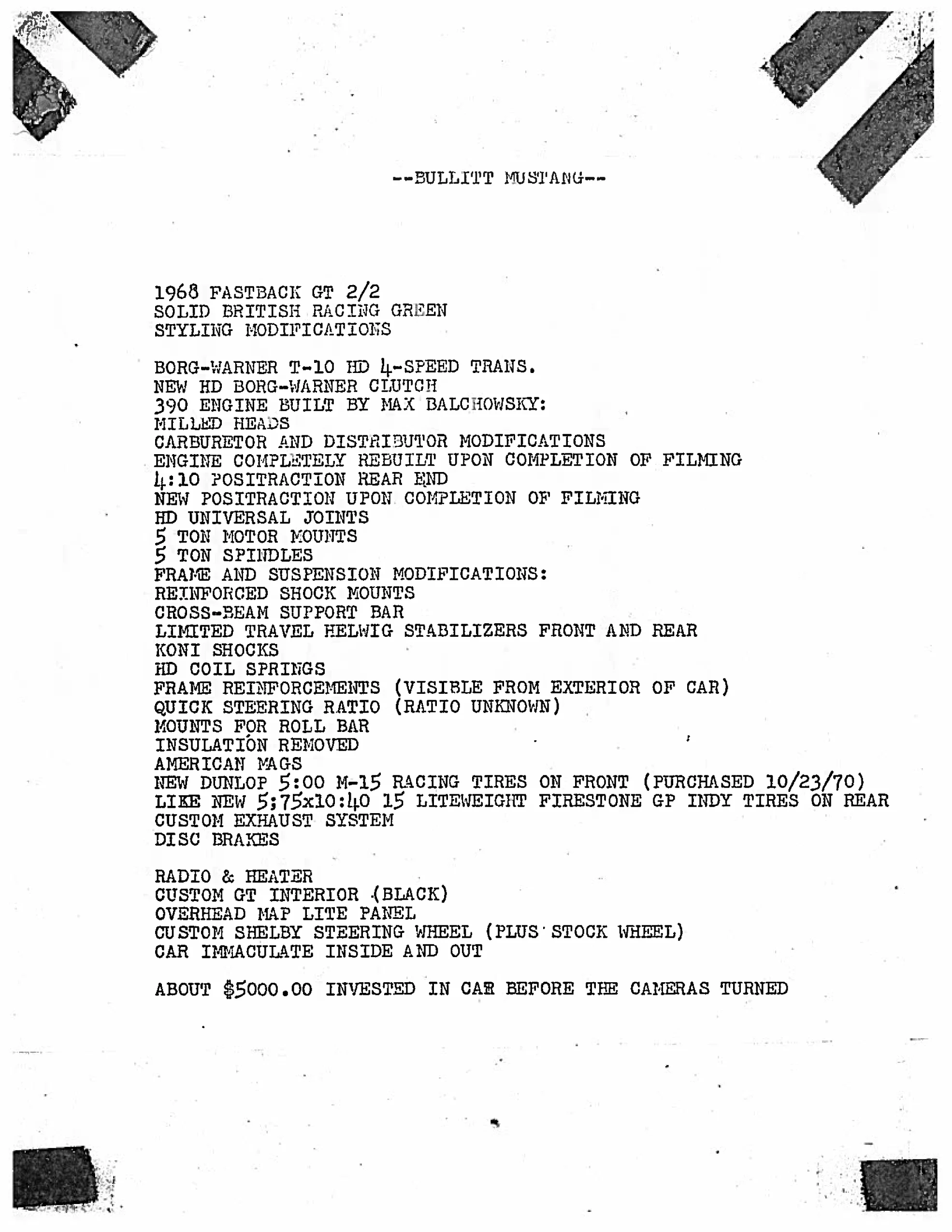 This is the list of features Robert Ross wrote to describe Bullitt #559 when he offered it for sale. Property Frank Marranca