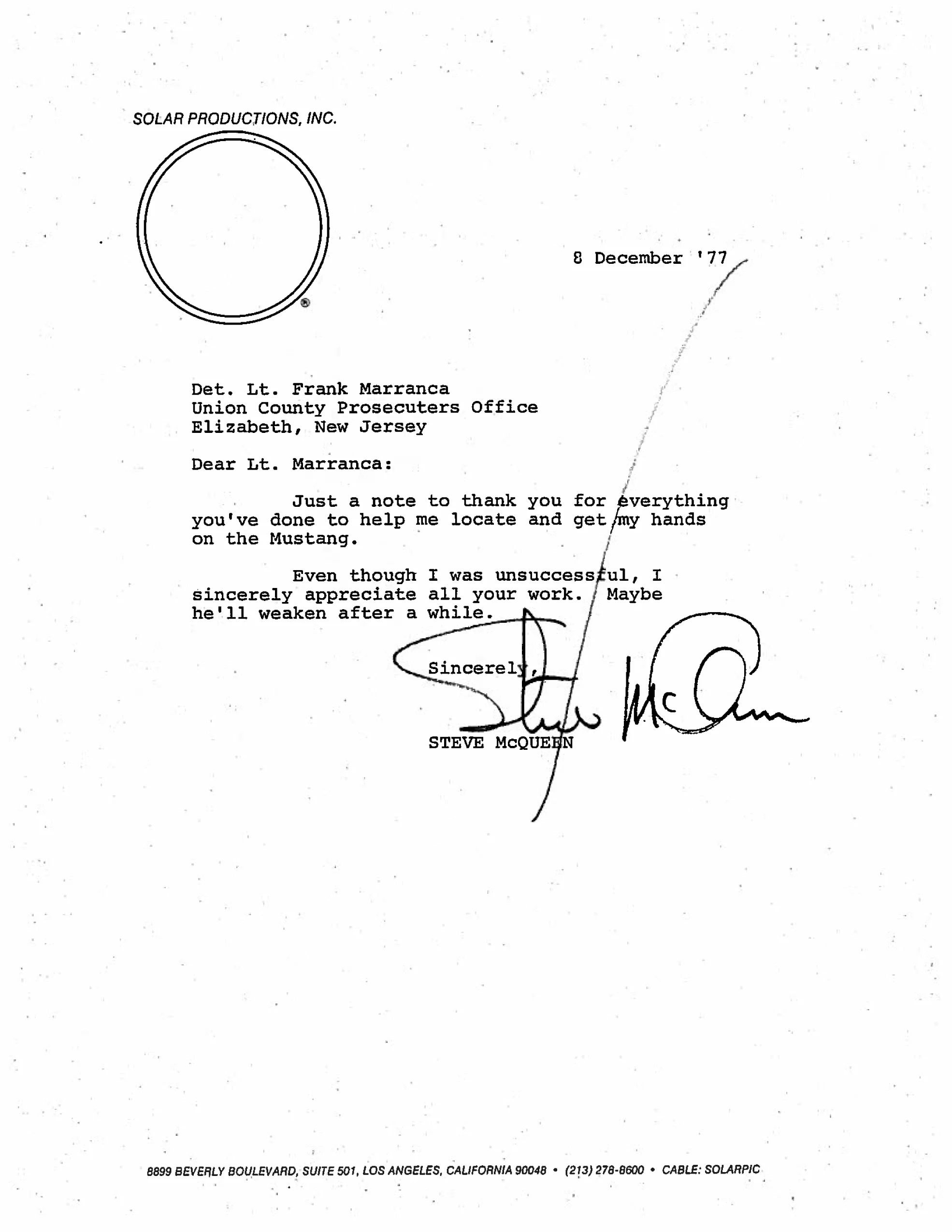 Steve McQueen contacted Frank Marranca three years after Marranca sold #559. Property Frank Marranca