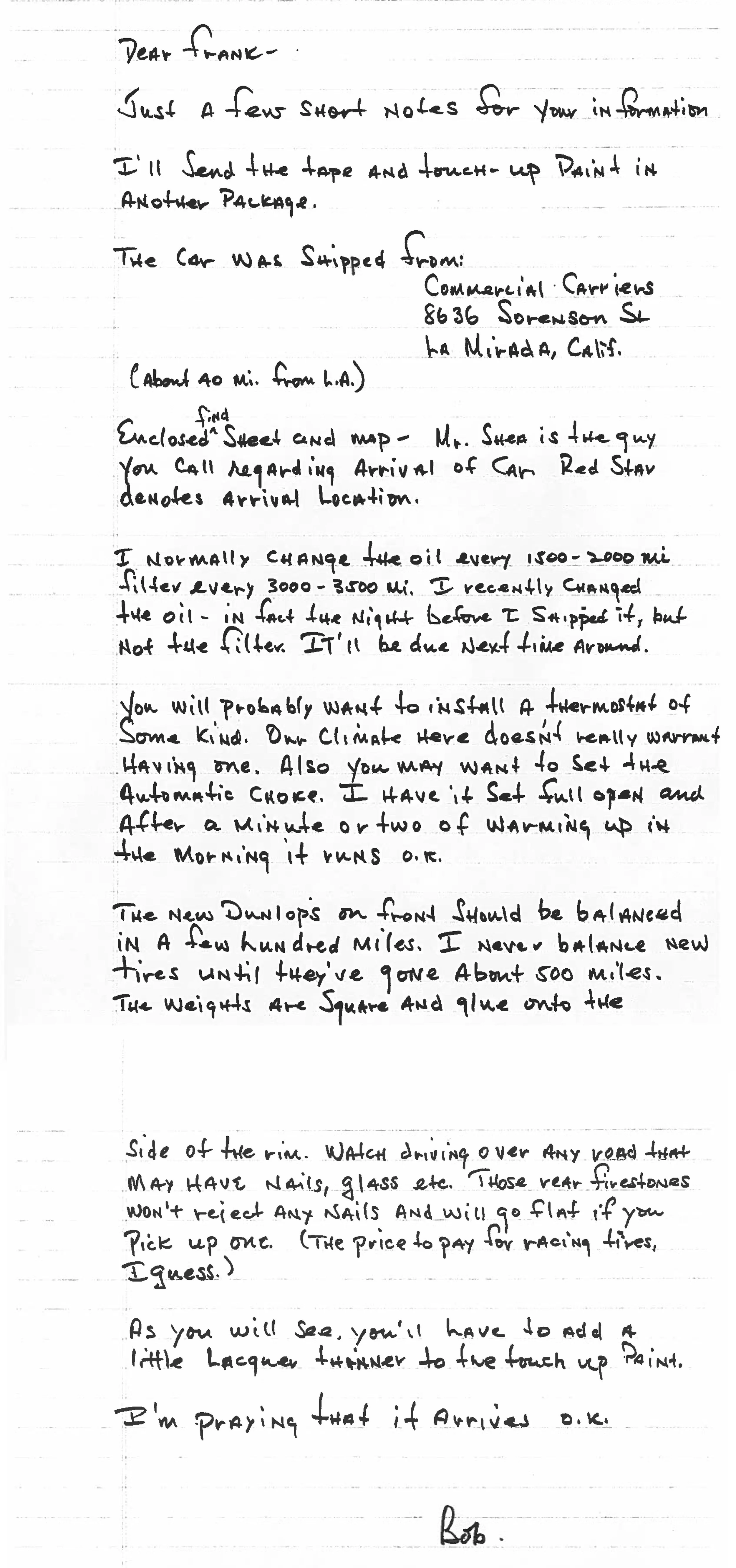 Robert Ross wrote Frank Marranca a note about the care and feeding of #559. Property Frank Marranca