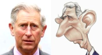 Left: Caricature of Prince Charles. Right: The real prince Charles.