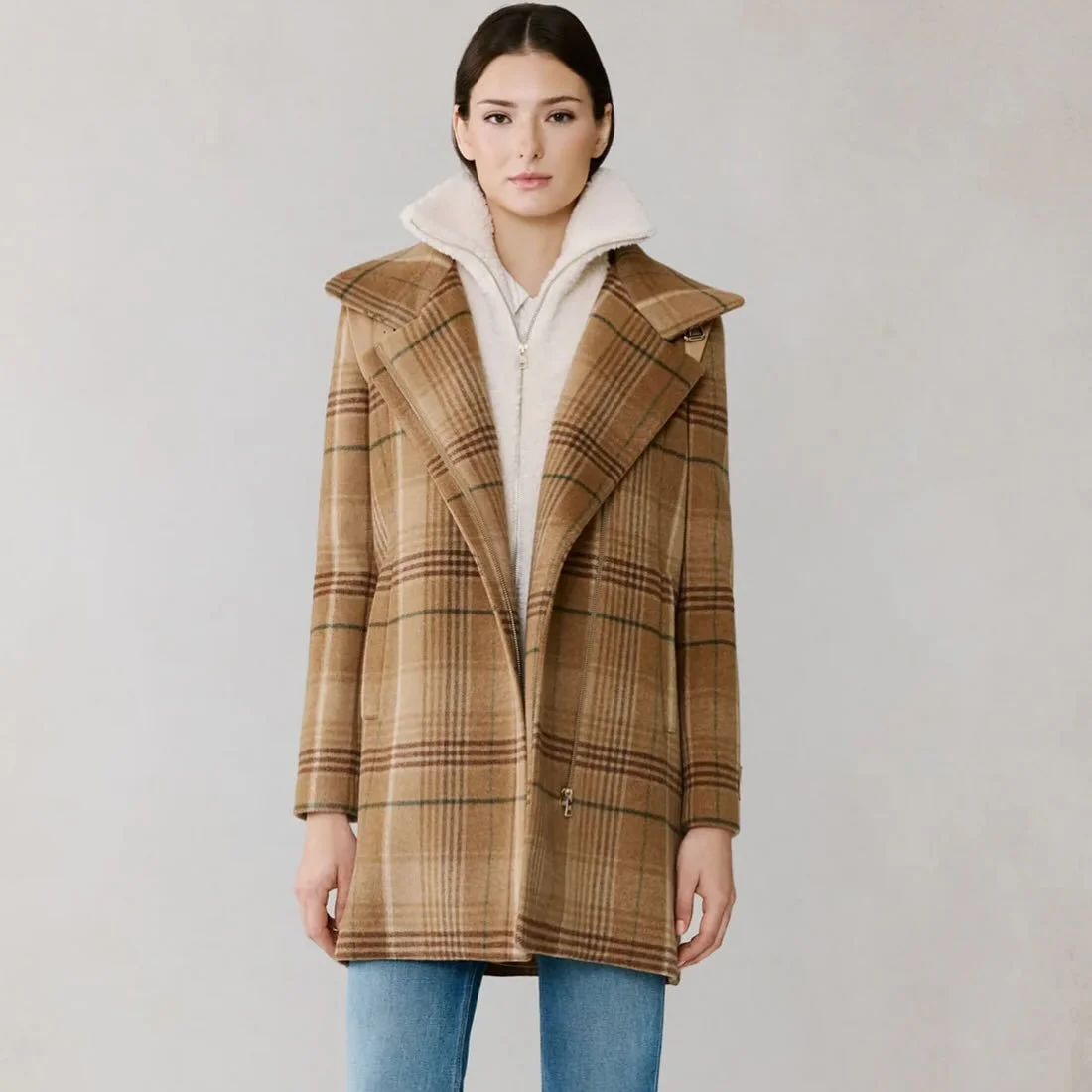 Meet @soiaandkyo Kiana Plaid Moto Coat! A relaxed-fit coat combines leather details, asymmetric zipper, detachable faux sherpa bib, and full lining. She&rsquo;s so beautiful and we had to give her her own post 🩷