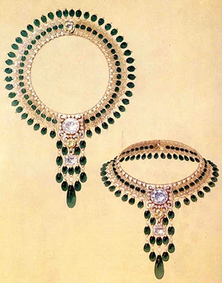 Sketch of emerald, diamond, and platinum necklace, Boucheron, 1928