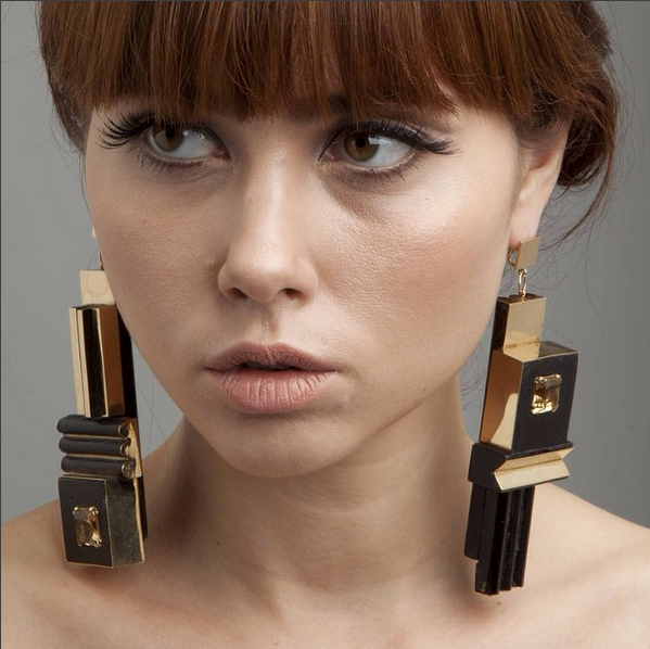 Nevelson earrings, wood, gold, citrine. image, didier Ltd