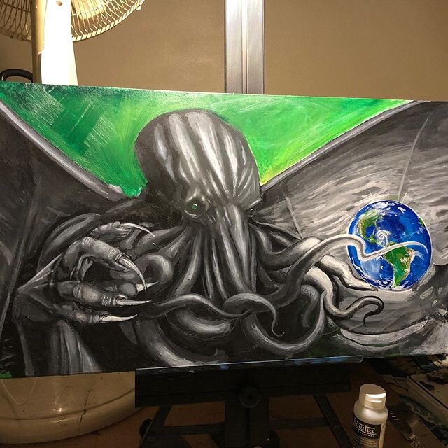 Progression on this #Cthulhu painting , almost done with the under painting, now the fun part, more to come! #acrylicpainting #hplovecraft #necronomicon #madarab #trekellartsupplies #liquitex #covid19