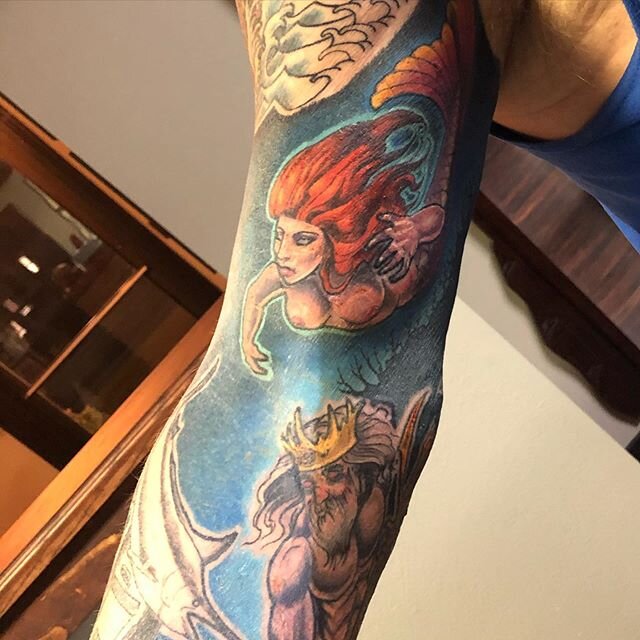 Marvins the best. He Gave me my first Monte Cristo no.2 , I ,in turn, beat hours of blue into his arm. I have yet to get good pics of the rest of his sleeve but soon..... newschooltattoo #mermaidtattoo #muse #musetattoo #piratetattoo #idahottooers #m
